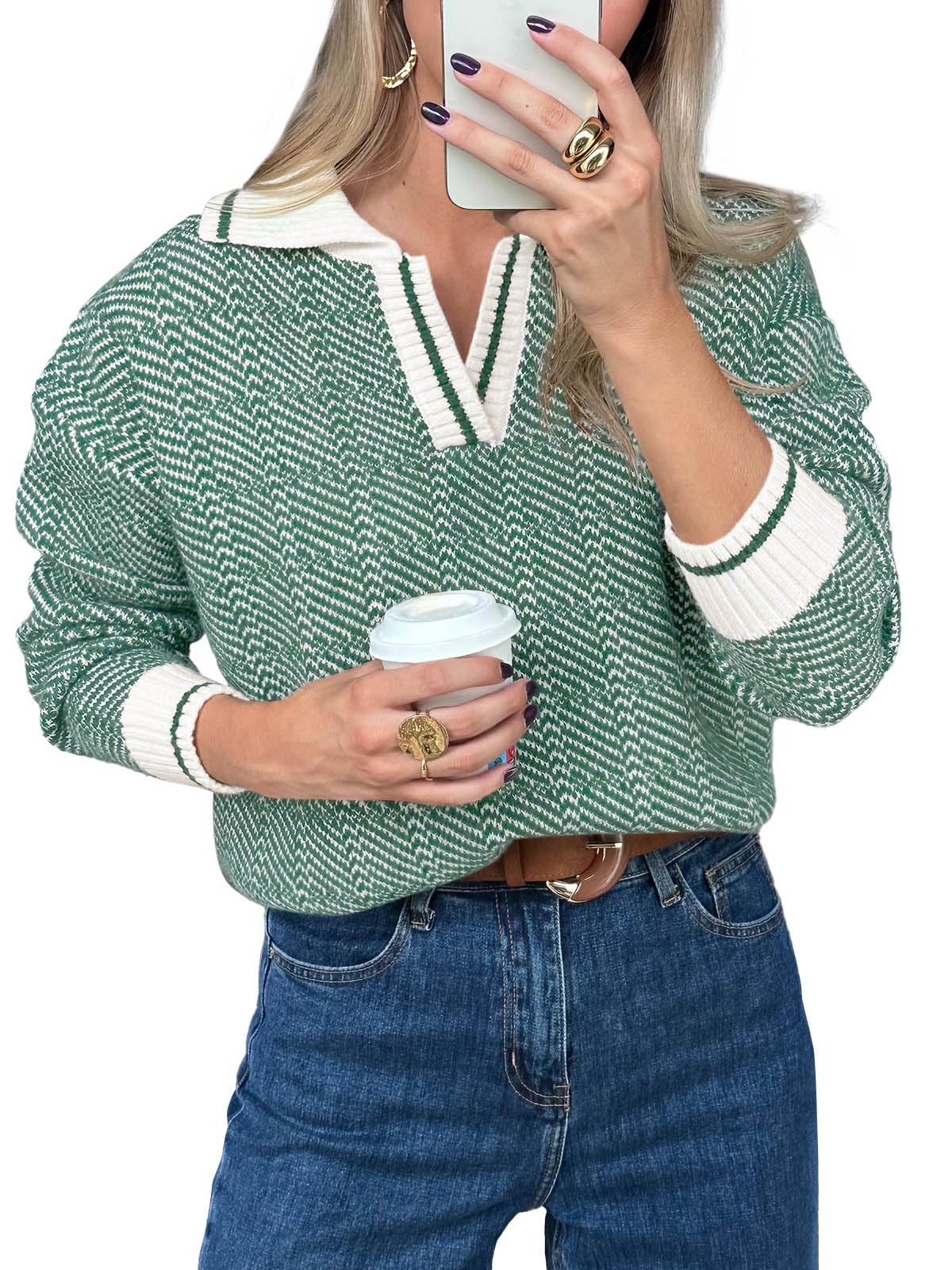 Saodimallsu Womens Fall Sweaters Tops Lapel V Neck Knit Sweater Color Block Long Sleeve Casual Soft Pullover Shirt