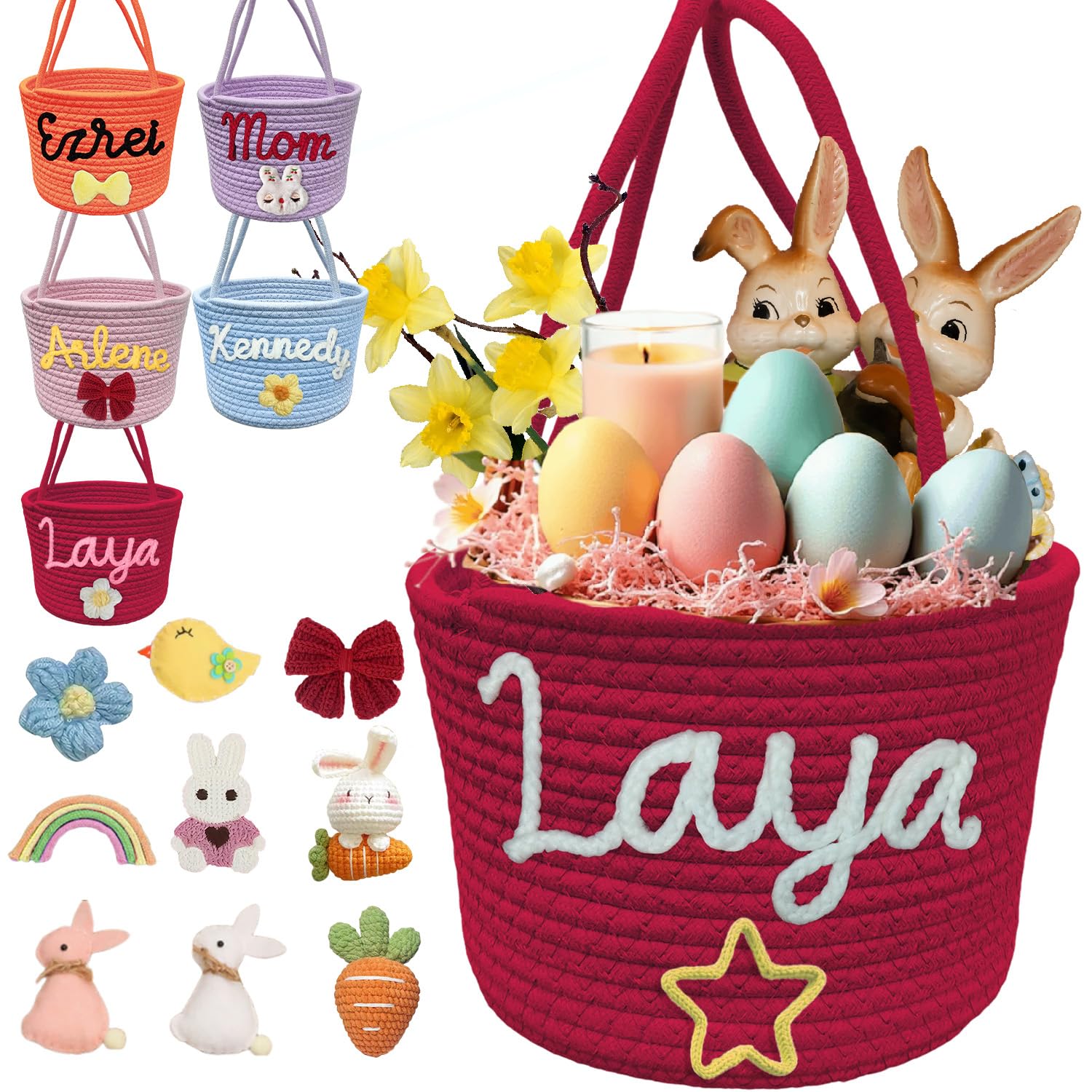 Personalized Easter Basket Custom Bunny Easter Baskest with Embroidered Name Customized Egg Hunt Candy Bags for Boy Girls,Red