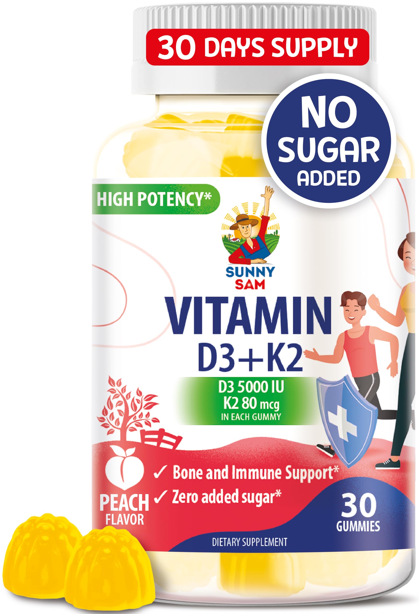SUNNY SAM Sugar-Free Vitamin D3 K2 Gummies 5000 IU - Immune &amp; Bone Support - Vitamin D Gummy Supplement for Adults - High-Absorption, Vegan, Halal, Gluten-Free Chewable Vitamins - 30 Count