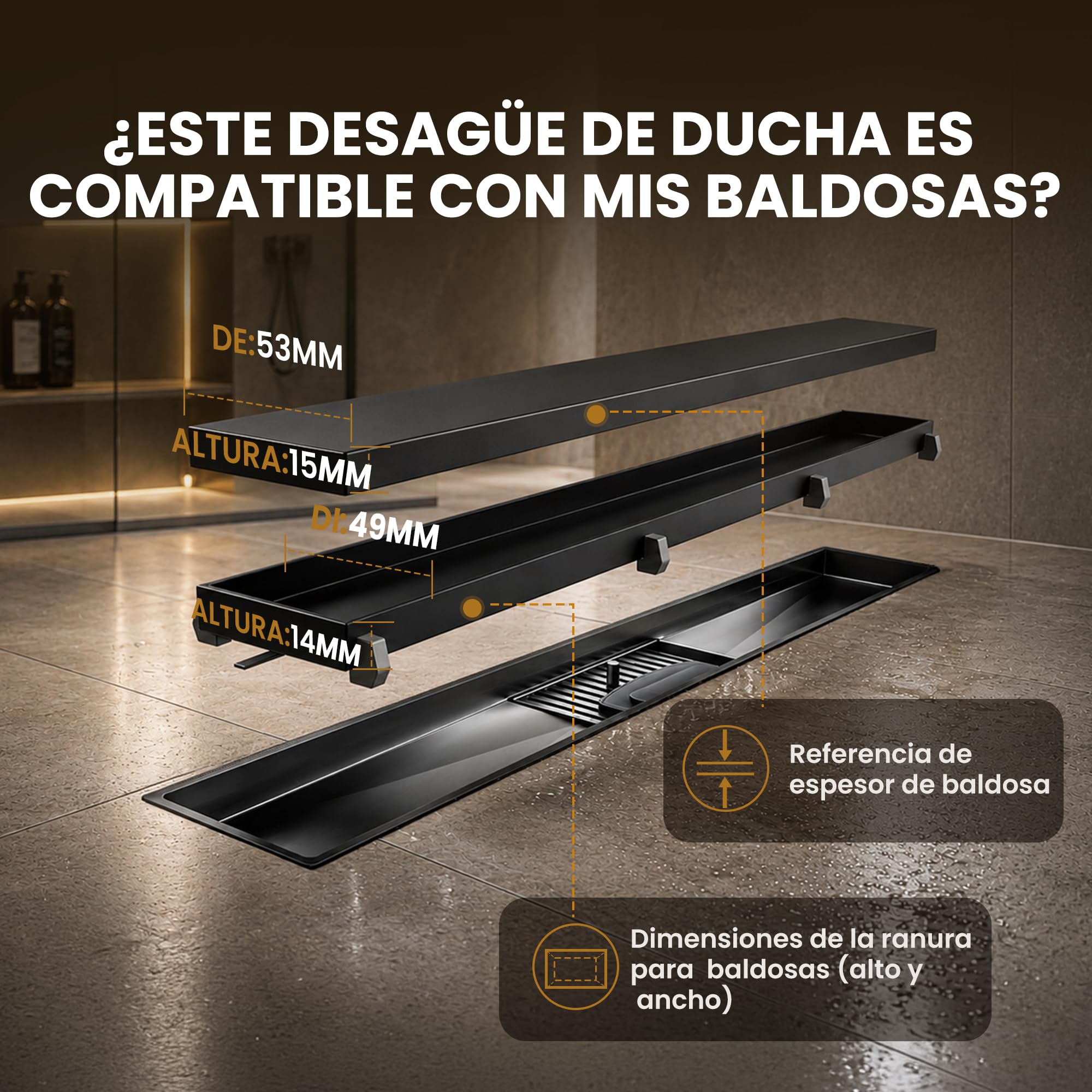 Canaleta de Ducha Negro 70 cm | Enlosable con Sifón Sin Olores, Filtro de Cabello y Diseño Sin Umbral para Ducha a Ras, Acero Inoxidable AISI 304
