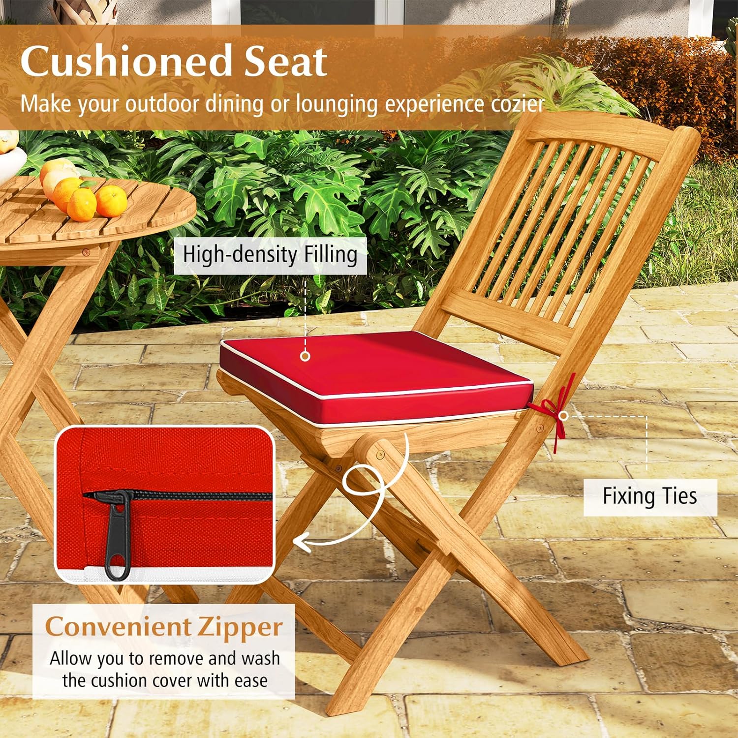 Tangkula 2 Pieces Folding Outdoor Dining Chairs, Acacia Wood Patio Chairs with Soft Cushions, Slatted Backrests and Seats, Outdoor Chairs for Porch, Balcony, Deck and Yard (One-Size,Red,2)