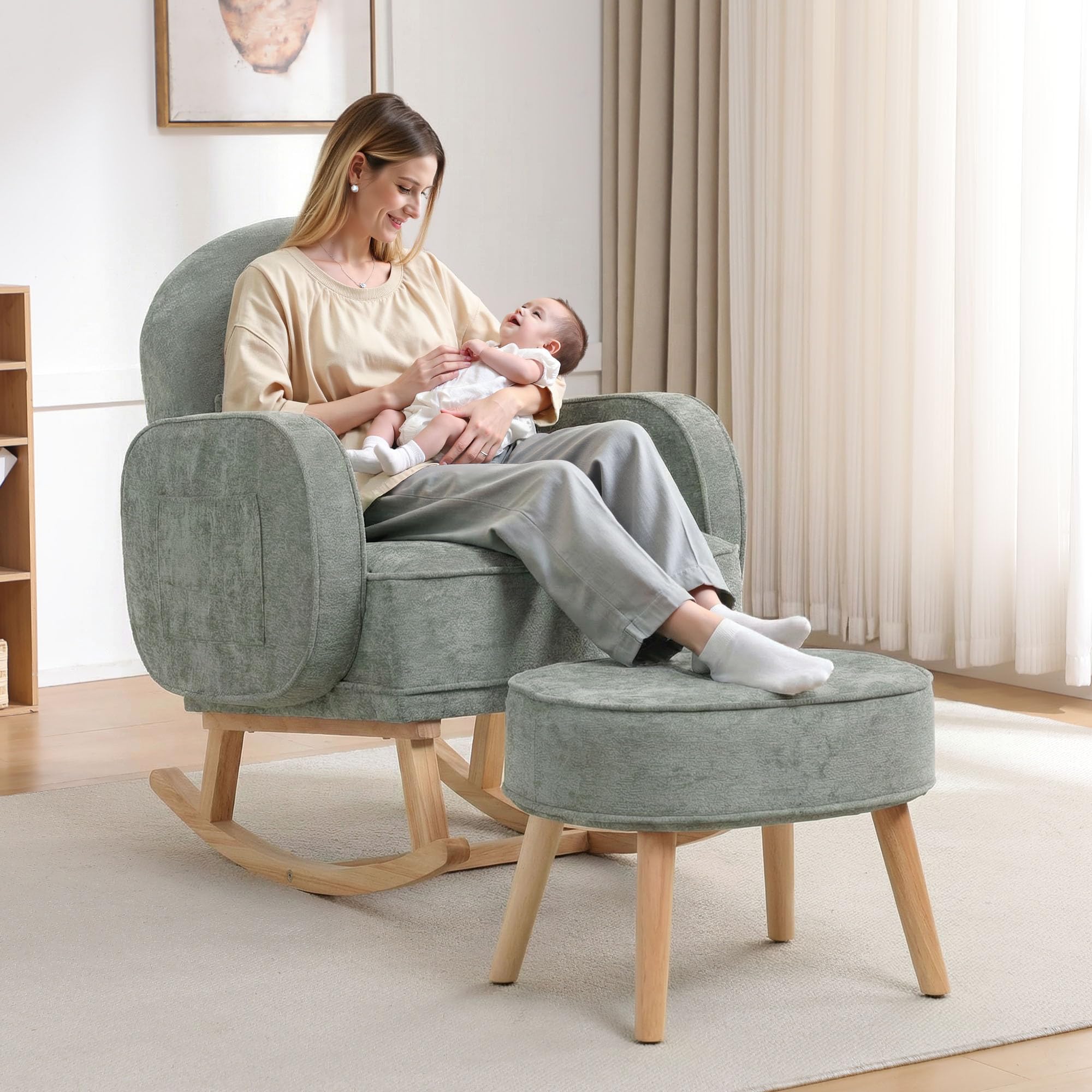 HCHAIRH Rocking Chair with Ottoman, Upholstered Glider Rocker with footrest and Side Pocket, Comfy Chenille Reading Chair with Solid Wood Legs for Nursery, Living Room,Bedroom Pale Green