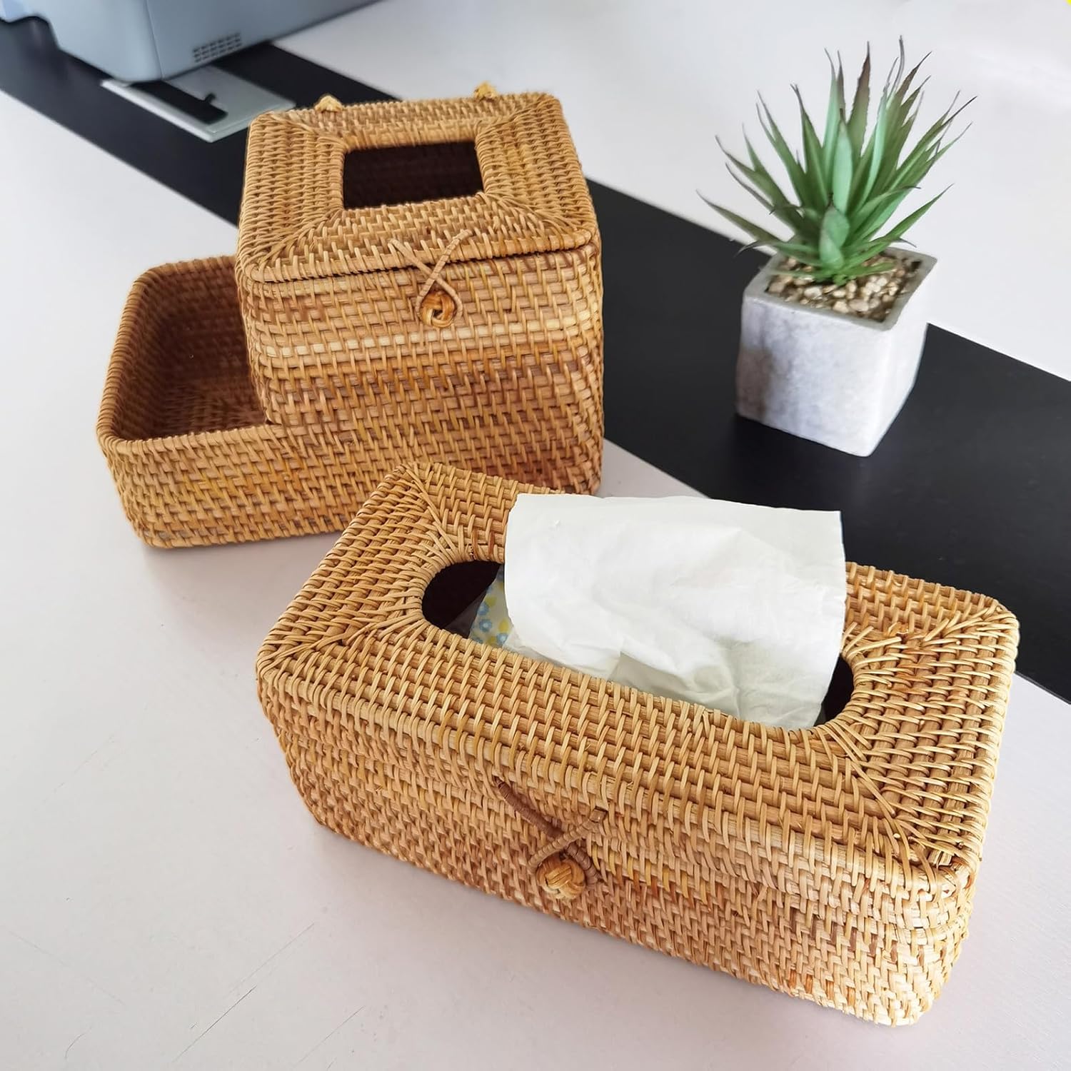 9.5 Inch Natural Rattan Tissue Box Cover Rectangular with Hinged Top Lid and Bead, Boho Woven Facial Napkin Holder, Decorative Napkin Dispenser Holder Organizer for Dresser Bathroom Décor
