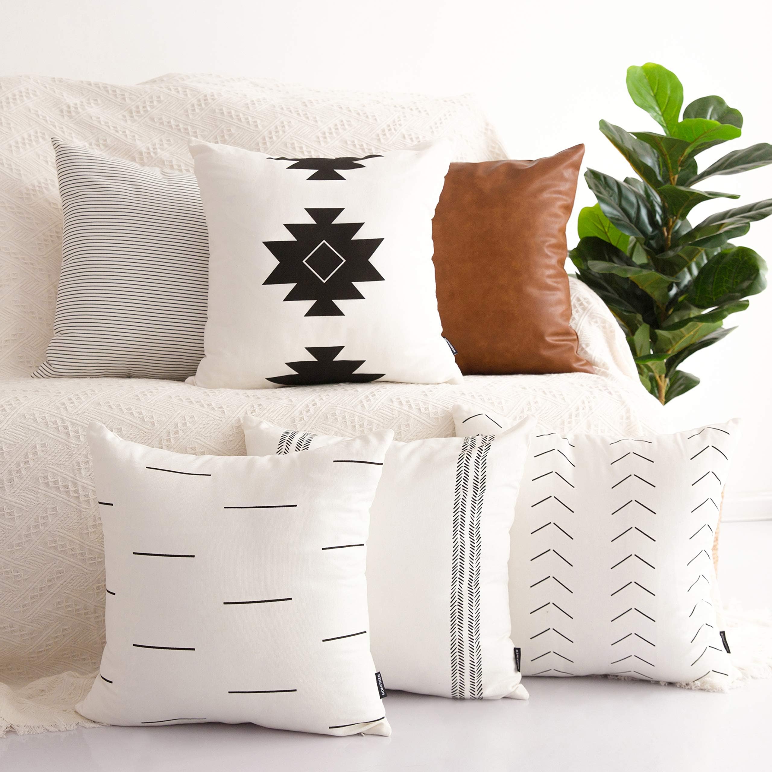 Decorative Throw Pillow Covers for Couch, Set of 6, 100% Cotton Modern Design Geometric Stripes Bed or Sofa Pillows Case Faux Leather 18 x 18 inch