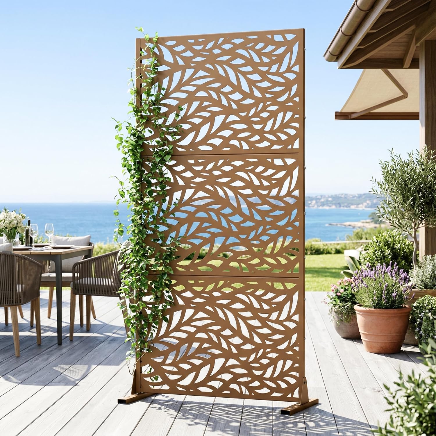 Casaphoria Metal Privacy Screen Outdoor, 72" H x 35" W Freestanding Decorative Privacy Screen for Patio Deck Balcony Garden with Stable Base, Brown-Spring