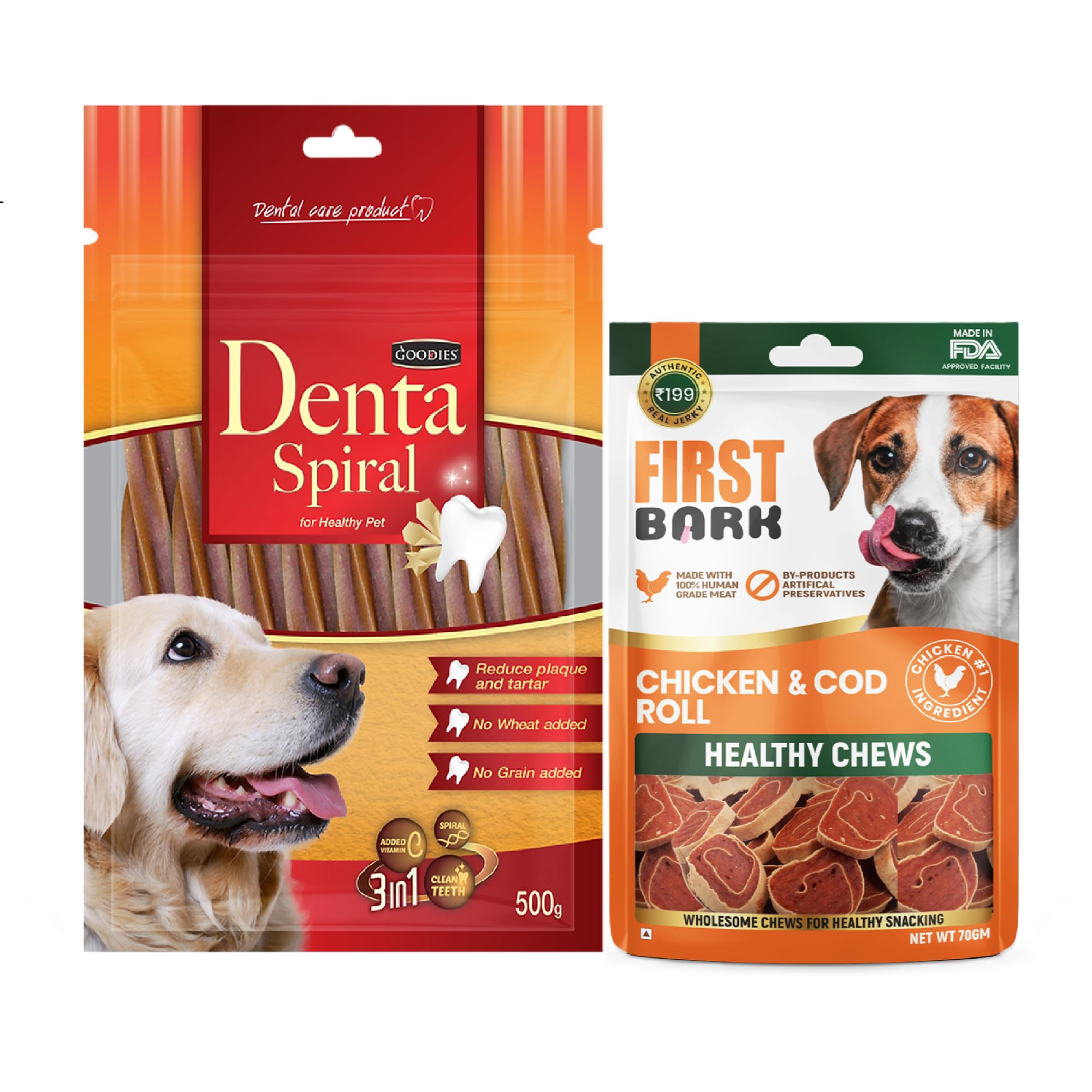 Goodies Dental Spiral (500g) + Chicken Cod Roll 70g for Dog of All Life Stages, Sold by DogsNCats (Pack of 2)