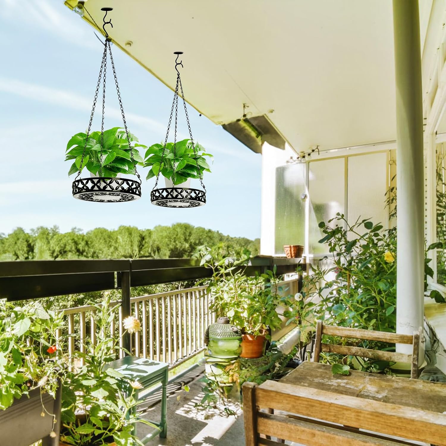2 Pack Hanging Planters, 9.8 Inch Metal Plant Hanger, Decorative Glossy Black Plant Pot Holder, Planter Hanging Baskets with Chains and Hooks for Indoor or Outdoor Balcony Porch Home Decor