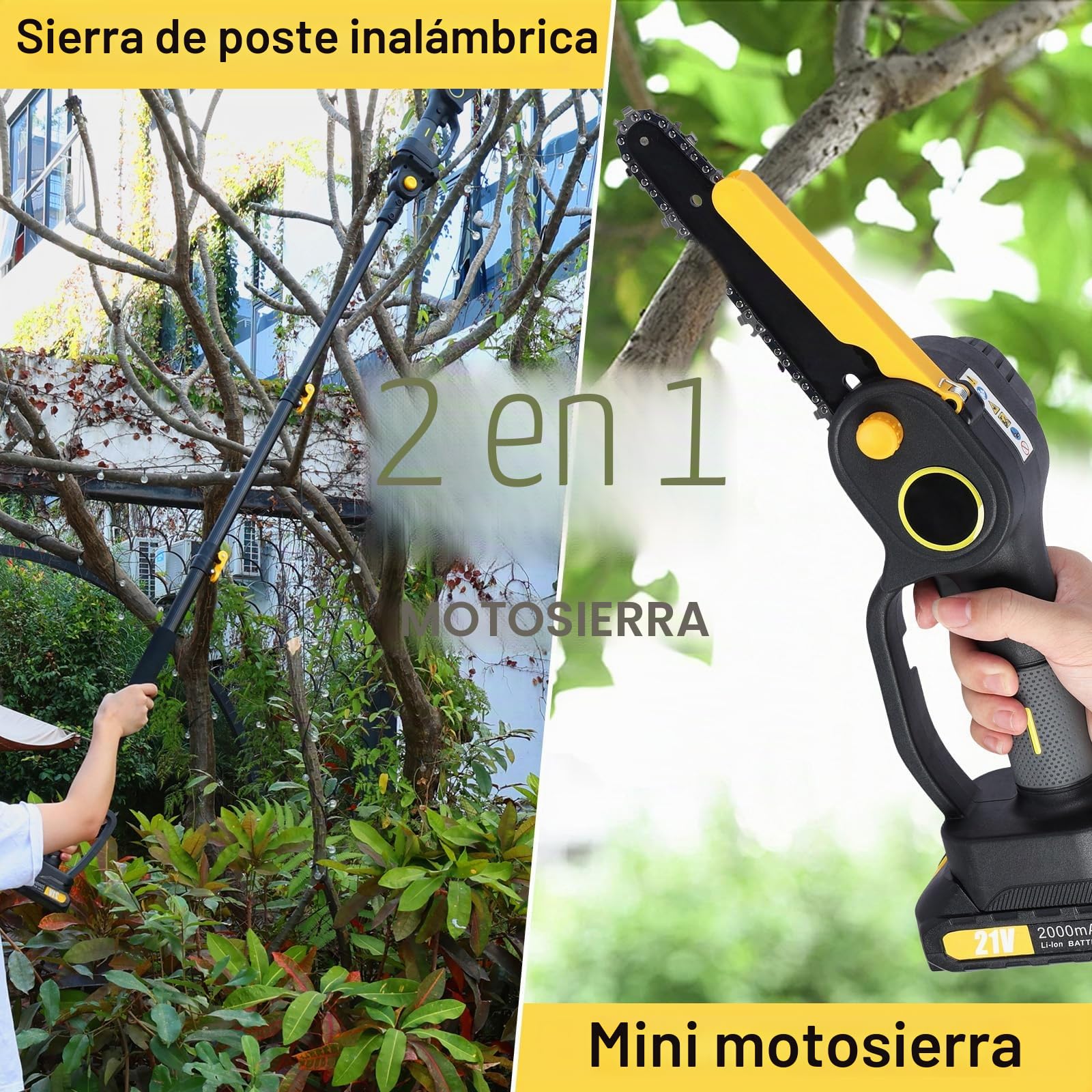 Podadora eléctrica 2 en 1 y motosierra eléctrica de 6 pulgadas, con batería, 2 x 2000 mAh, motor sin escobillas, sierra de podar telescópica, con mango telescópico de hasta 3,5 m de altura