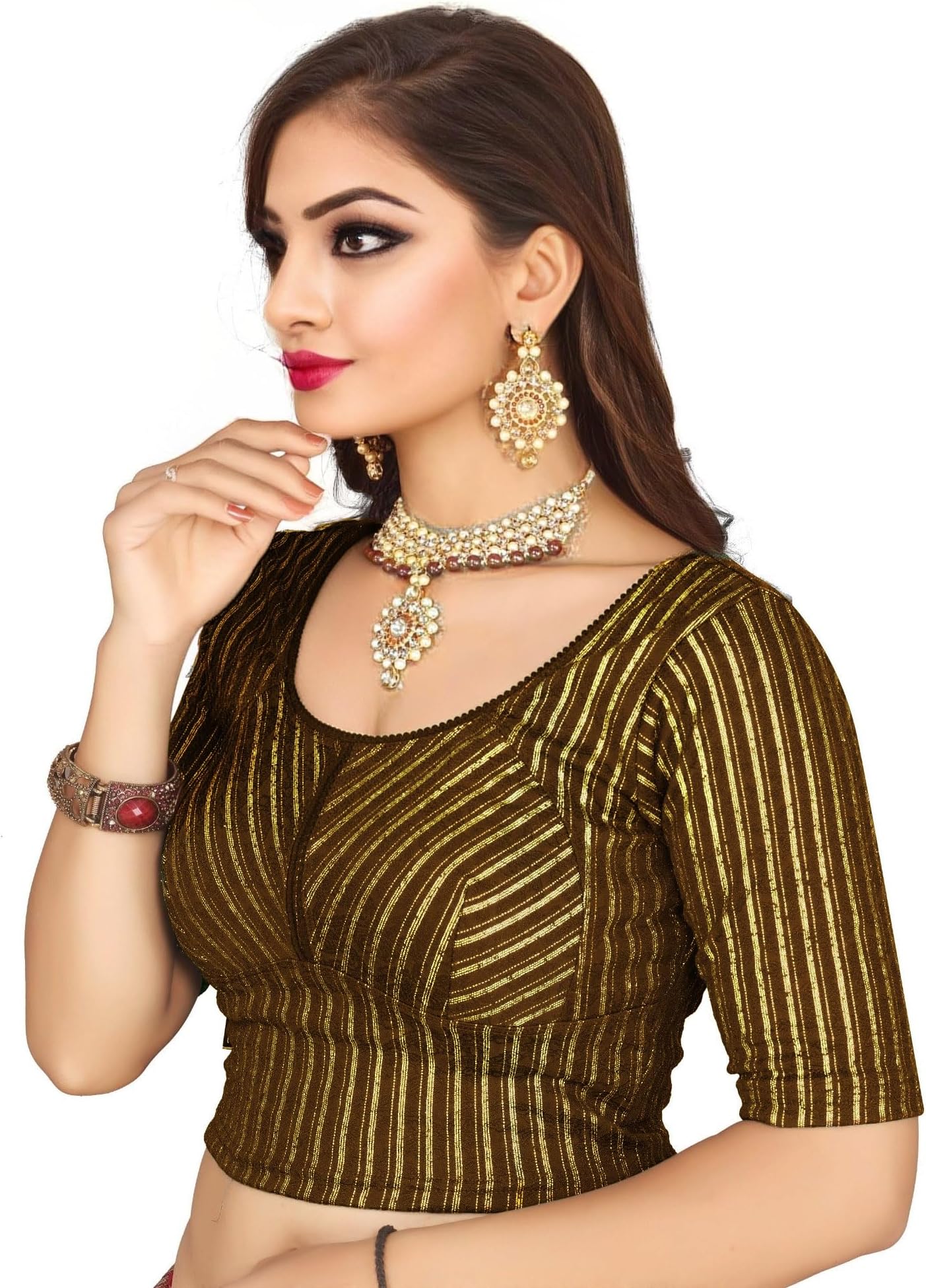 PU FashionStylish Golden Foil Stripe Designer Strechable Choli Katori Design Readymade Blouse for Women Comfort Blouse Round Neck Half Sleeves