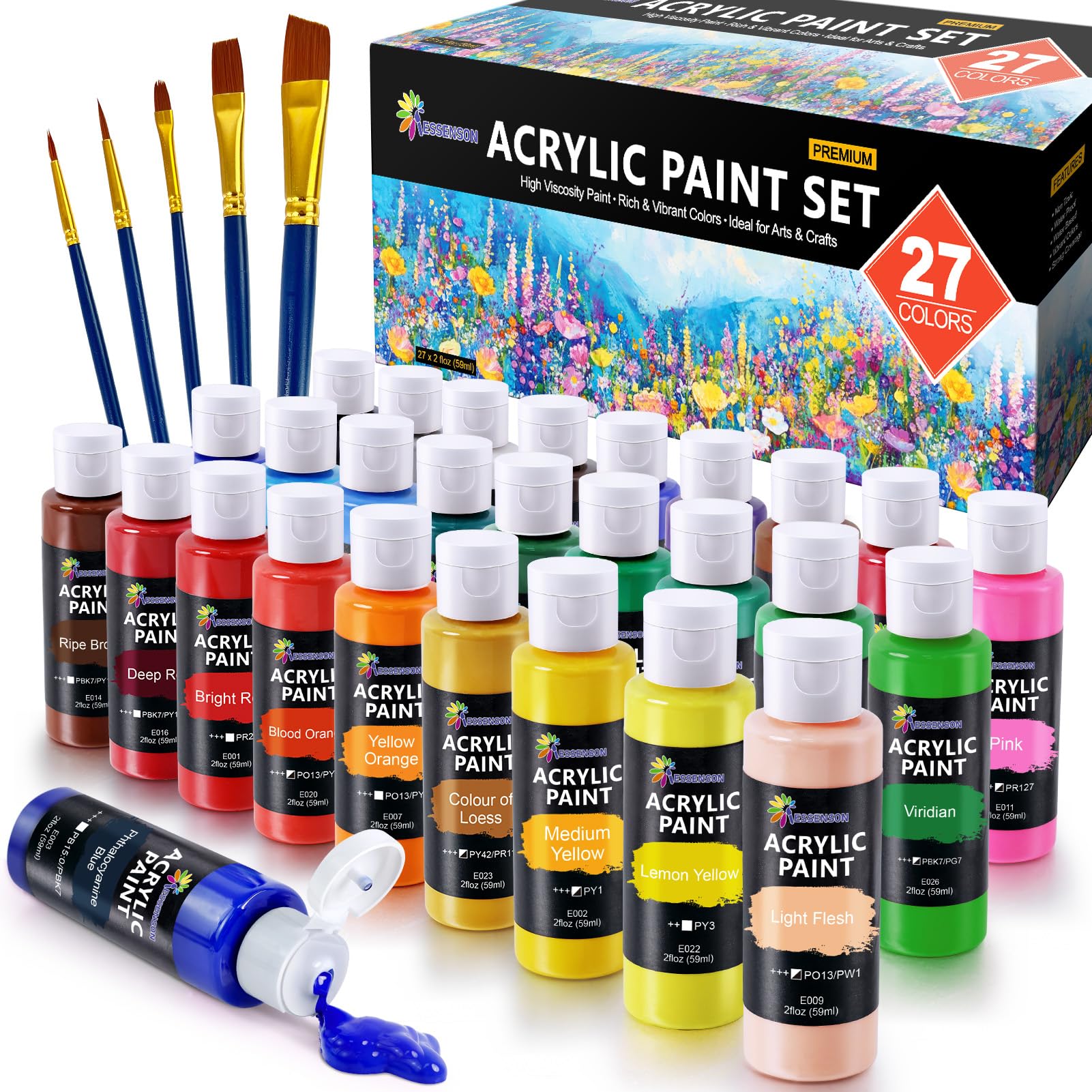ESSENSON Acrylic Paint Set, 27 Colors Acrylic Paint with Brushes, 2oz Bottles, Rich Pigments for Artists Kids & Adults, Art Supplies for Canvas Rock