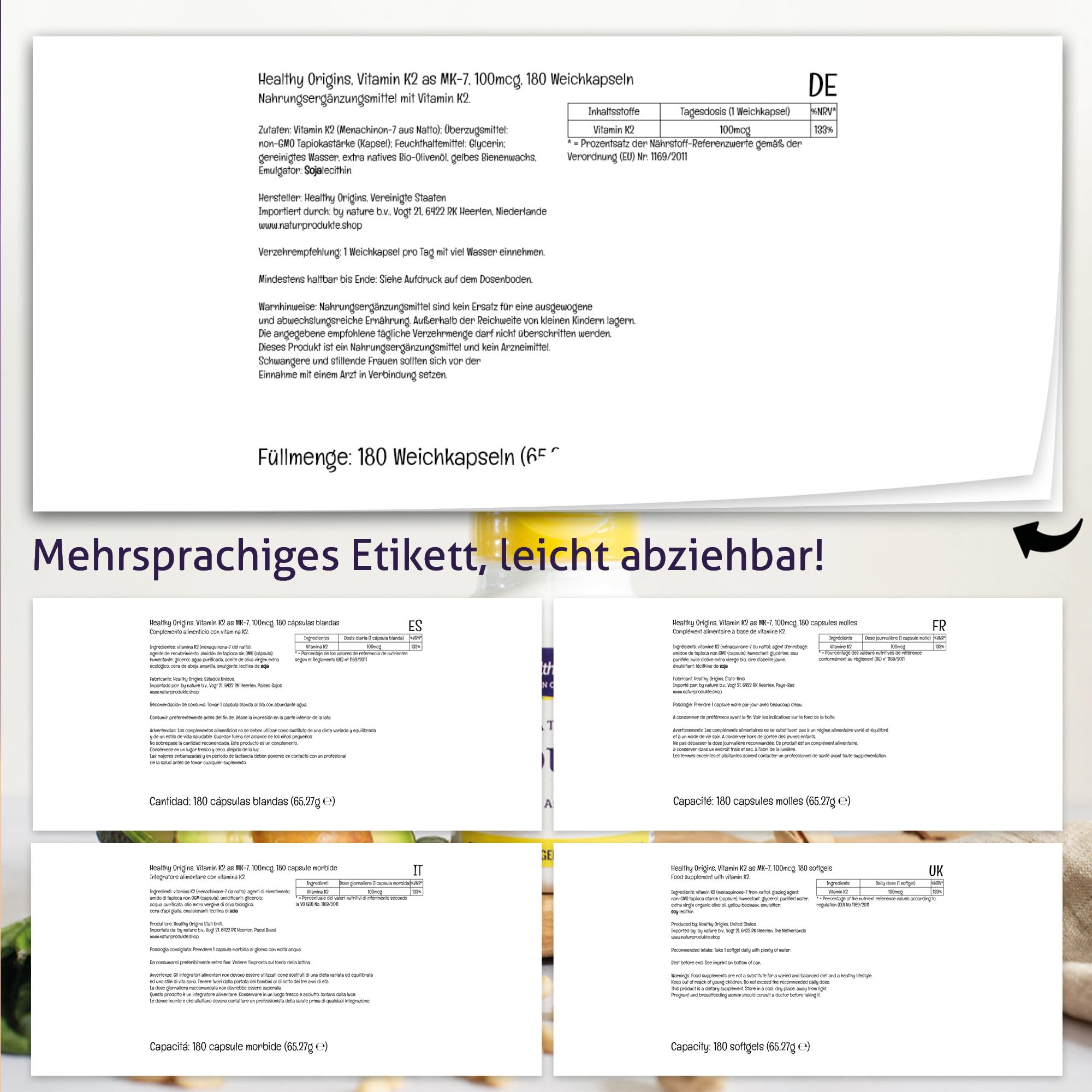 Healthy Origins, Vitamin K2 als MK7, 180 vegetarische Softgels, 100mcg Vitamin K2 je Dosis, Glutenfrei, GMO frei, Geschmacksneutral