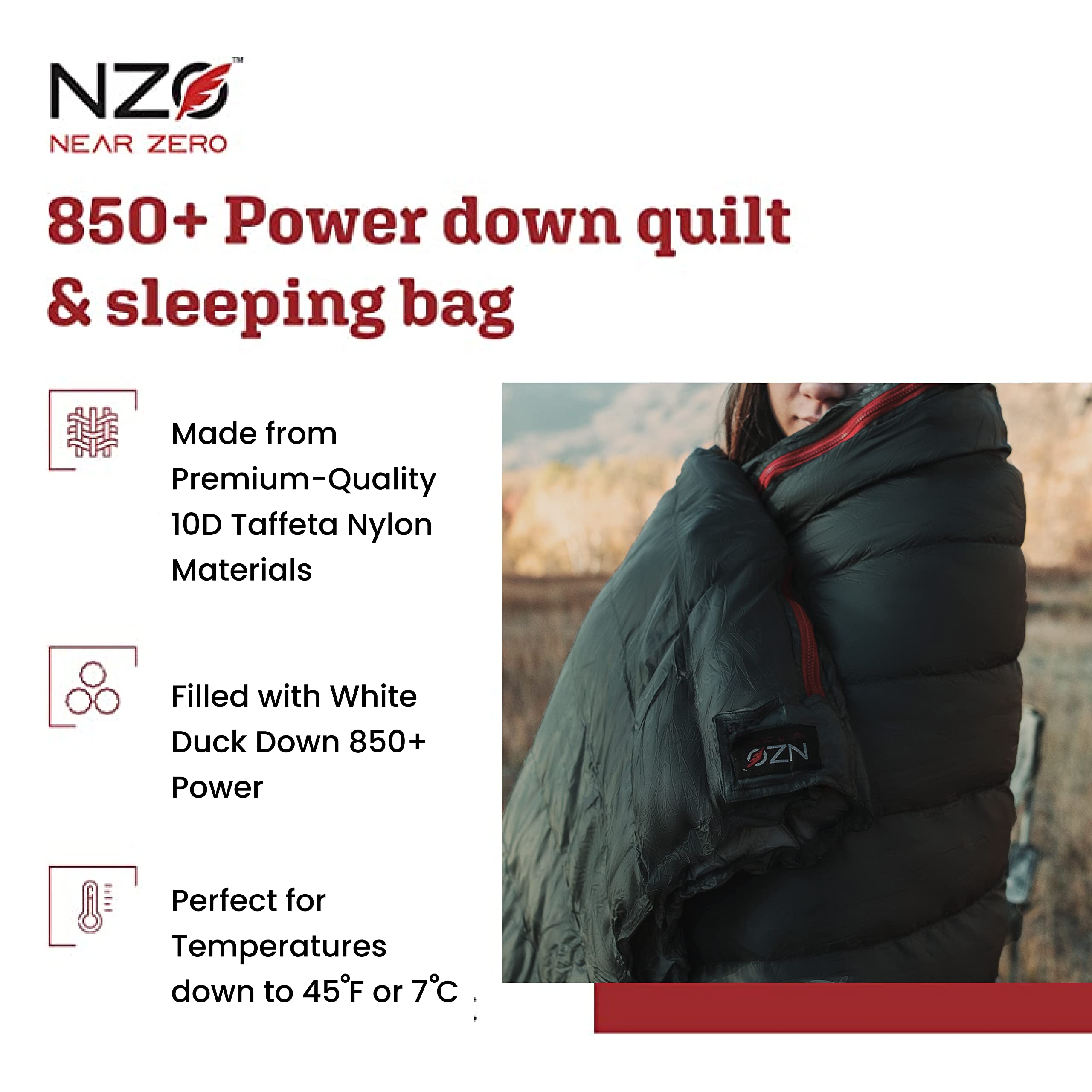 Near Zero Quilt ONE - Ultralight Down Sleeping Bag – 1 lb, 4-in-1 Design: Quilt, Blanket, Underquilt or Double Sleeping Bag – Compact for Backpacking & Camping