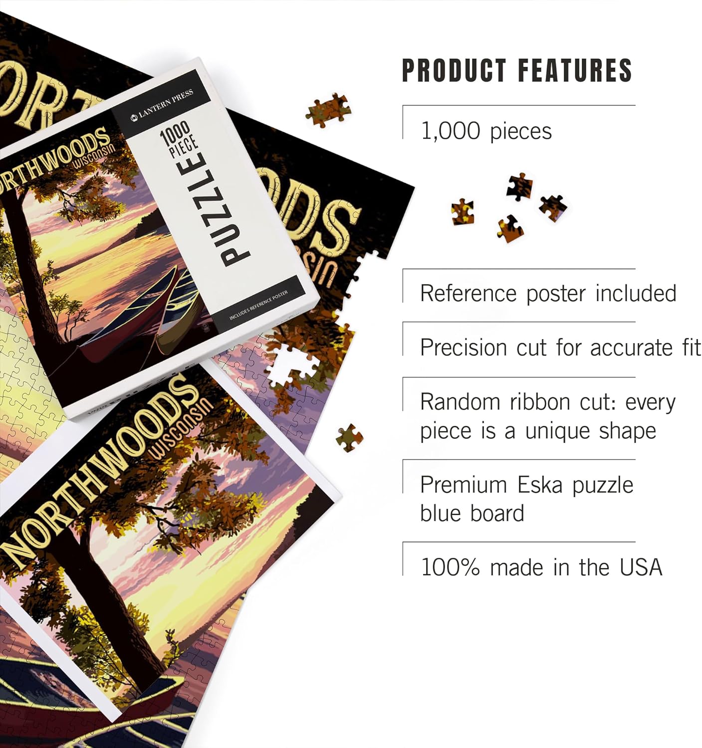 Lantern Press Northwoods, Wisconsin, Canoe and Lake at Sunset 1000 Piece Jigsaw Puzzle for Adults, Made in USA with Reference Poster