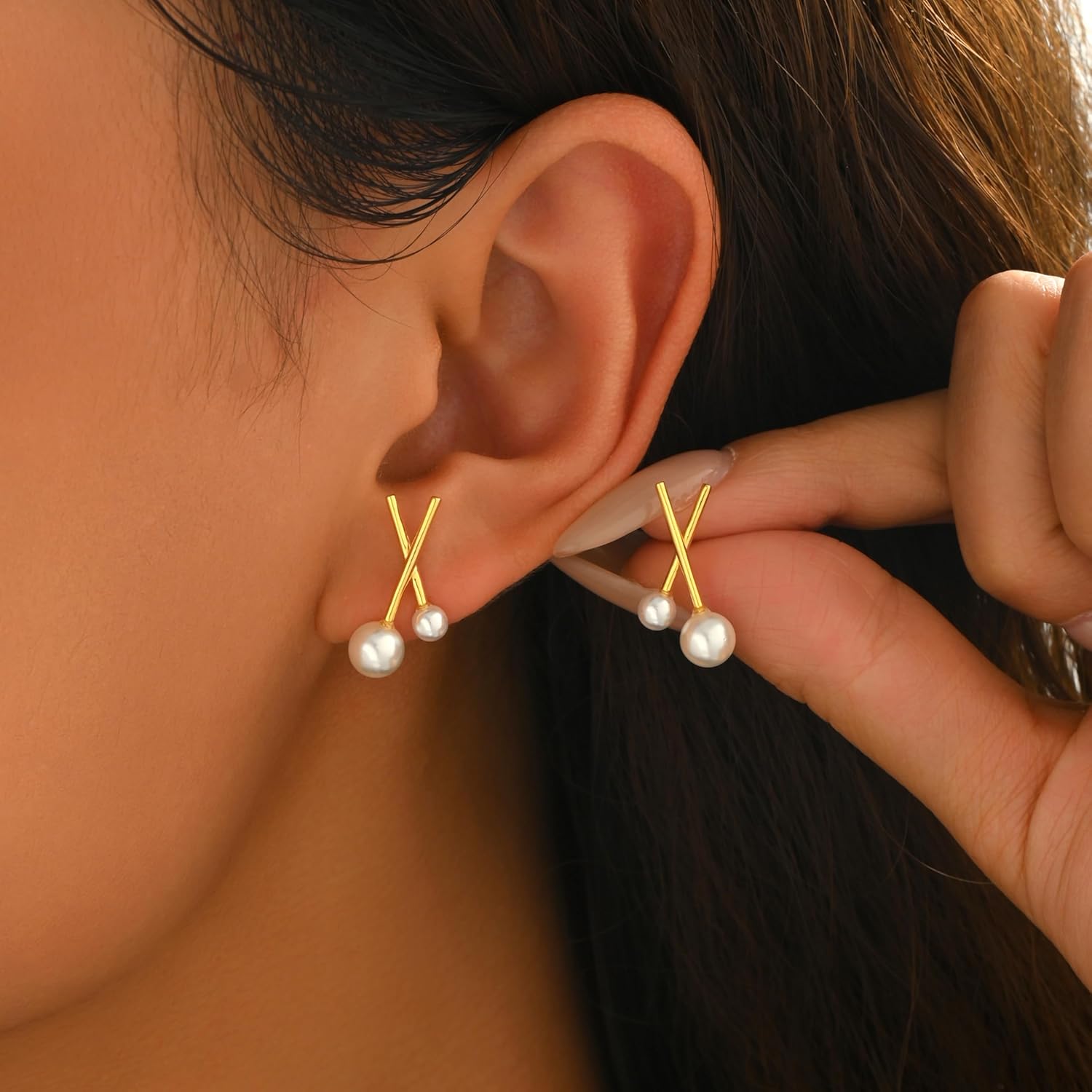 925 Sterling Silver Pearl Earrings 14K Gold Plated X Stud Earrings for Women Trendy Elegant Hypoallergenic Earrings Wedding Earrings for Brides Jewelry Mothers Day Gifts