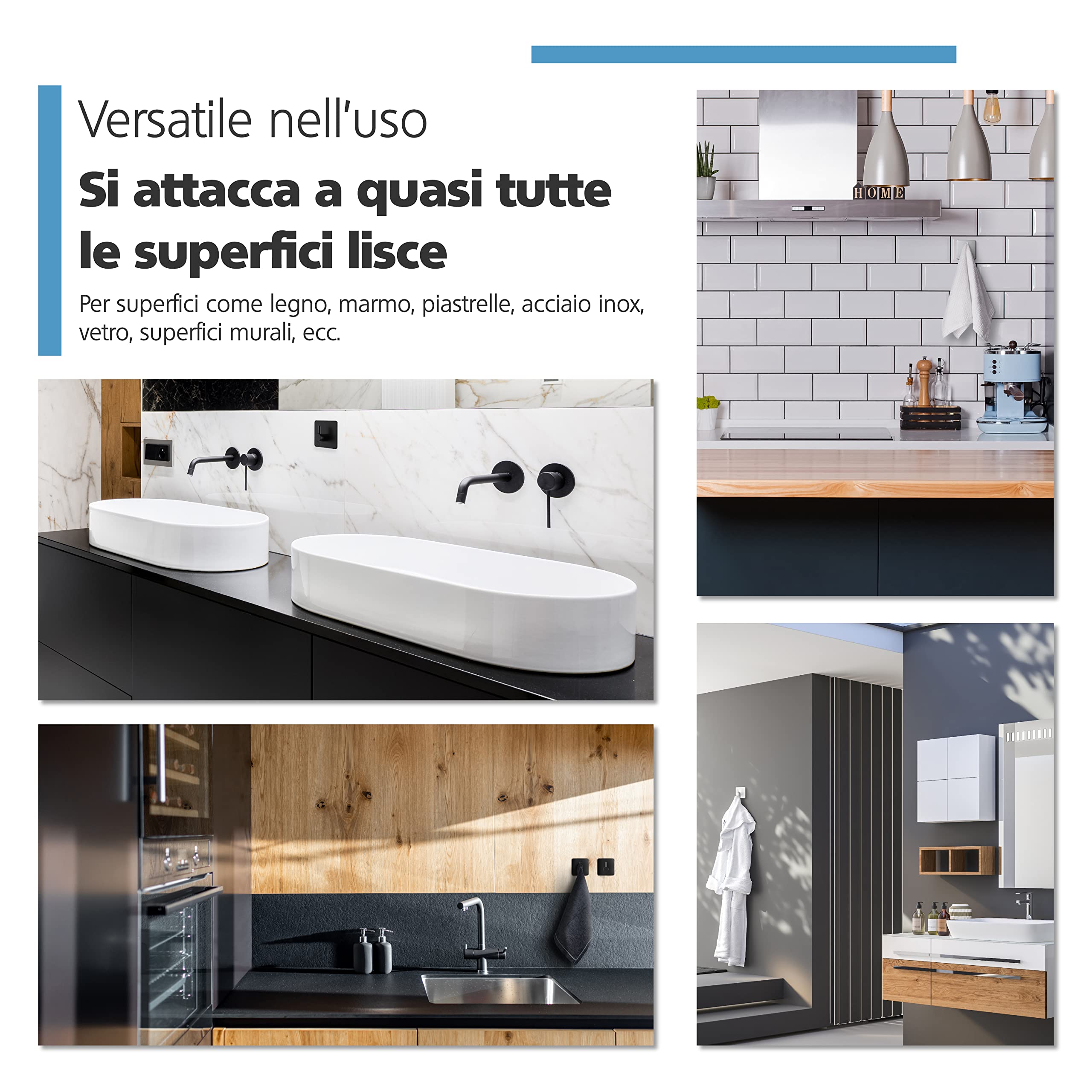 Ganci da parete auto-adesivi senza forare set di 4 in nero - Ganci adesivi idrorepellenti in acciaio inox - Fino a 8 kg - Ganci per asciugamani o accappatoi - Per bagno e cucina, ecc.