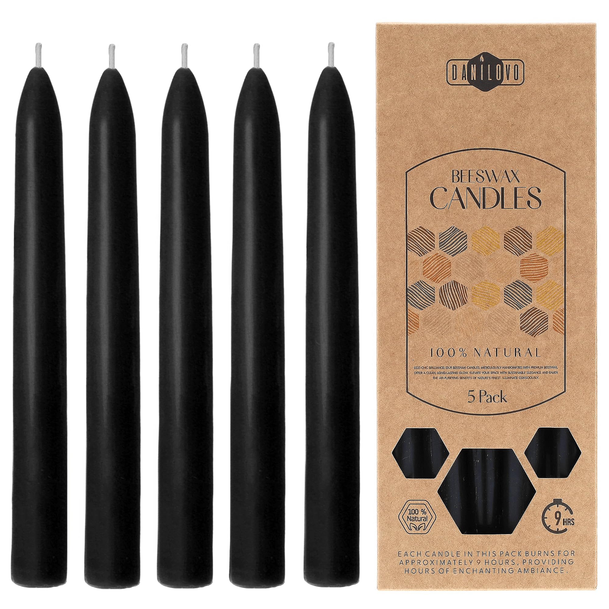 Danilovo Black 5 Pcs Natural Beeswax Taper Candles - Sustainable, Long-Burning Beeswax Tapered Candles For Every Occasion & Candlestick - Honey-Scented, Pure Beeswax Candles For Cozy Home