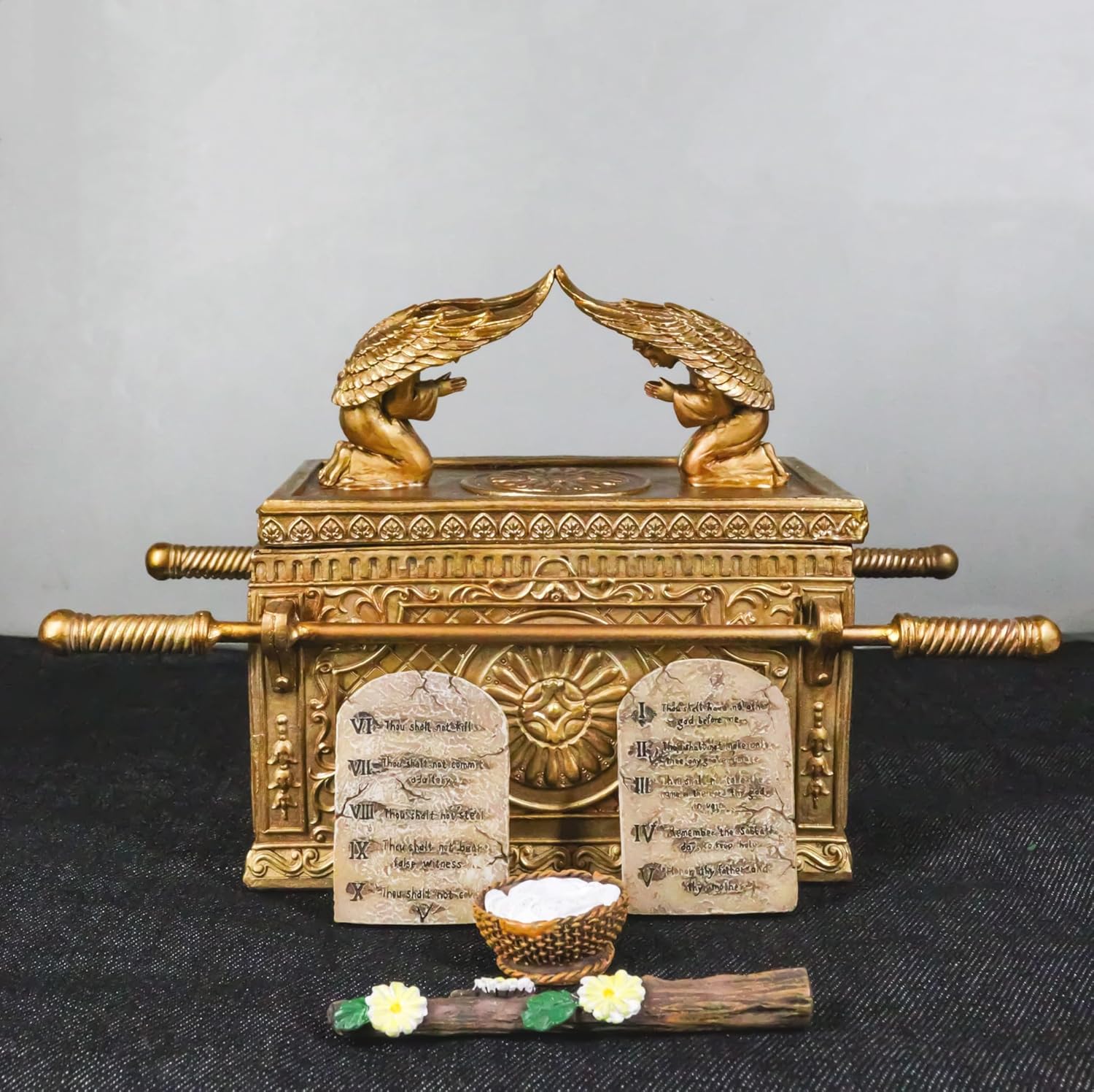 Ebros Matte Gold Holy Ark of The Covenant with Ten Commandments Rod of Aaron and Manna Religious Decorative Figurine Trinket Box Collectible Judaic Israel Historic Model Replica (1:8 Scale 9.5" Long)