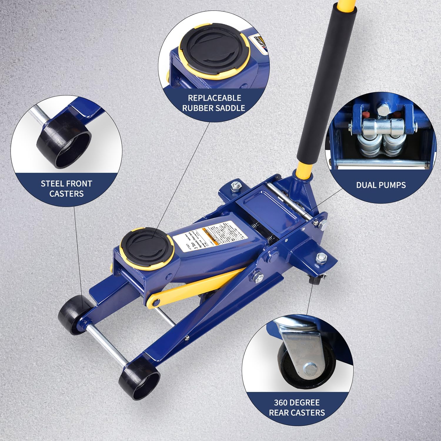 A A IN 3 Ton Heavy-Duty Floor Jack, Steel Hydraulic Jack with Double Pumps for Quick Lifting, Rotating Rear Casters, Blue