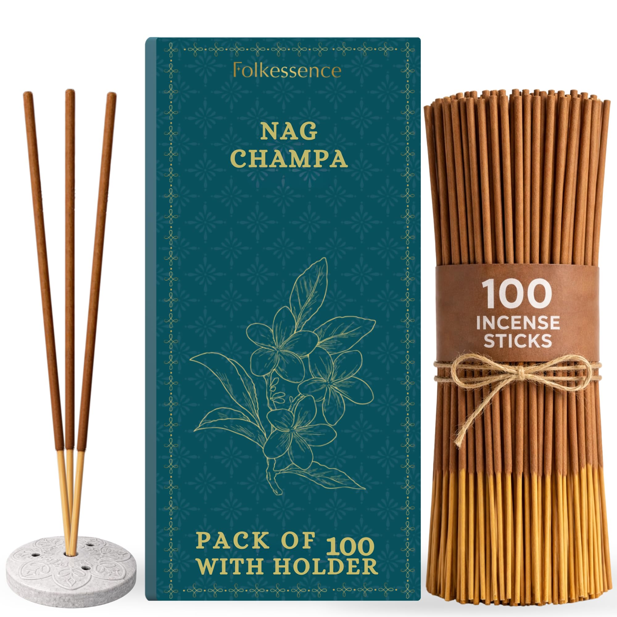 Folkulture Incense Sticks with Holder (100 Sticks) | Premium Nag Champa insense for Aromatherapy, Relaxation, Meditation & Home Fragrance | Charcoal Free, Non Toxic Incense Sticks | Home Decor Gifts