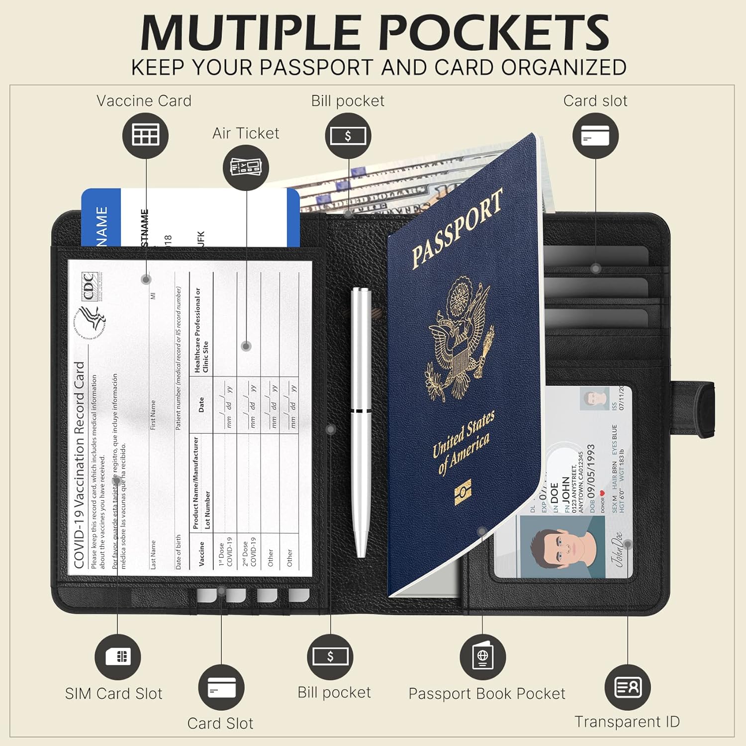  | typecase Passport and Vaccine Card Holder Combo Compatible with AirTag, Travel Passport Wallet for AirTag, RFID Blocking Bifold Passport Cover with1 Vaccine Card Holder | 1 Passport Holder (Black) | Passport Wallets