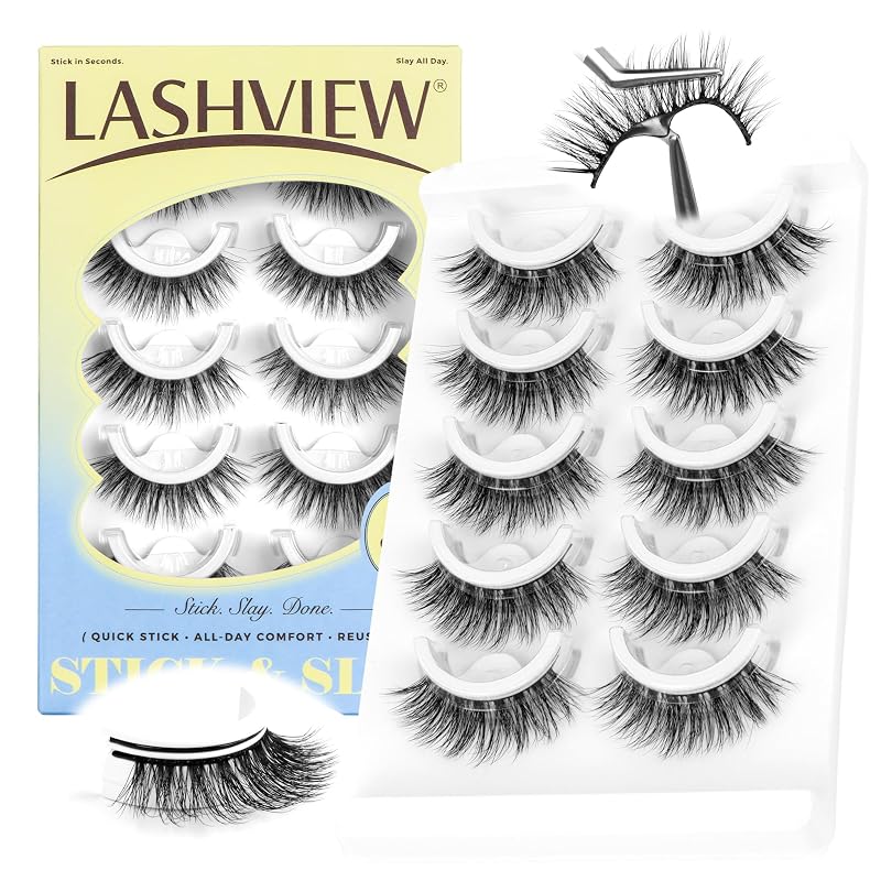Cílios postiços autoadesivos LASHVIEW, 5 pares, estilo Cat Eye Wispy com tiras de reposição (C130)