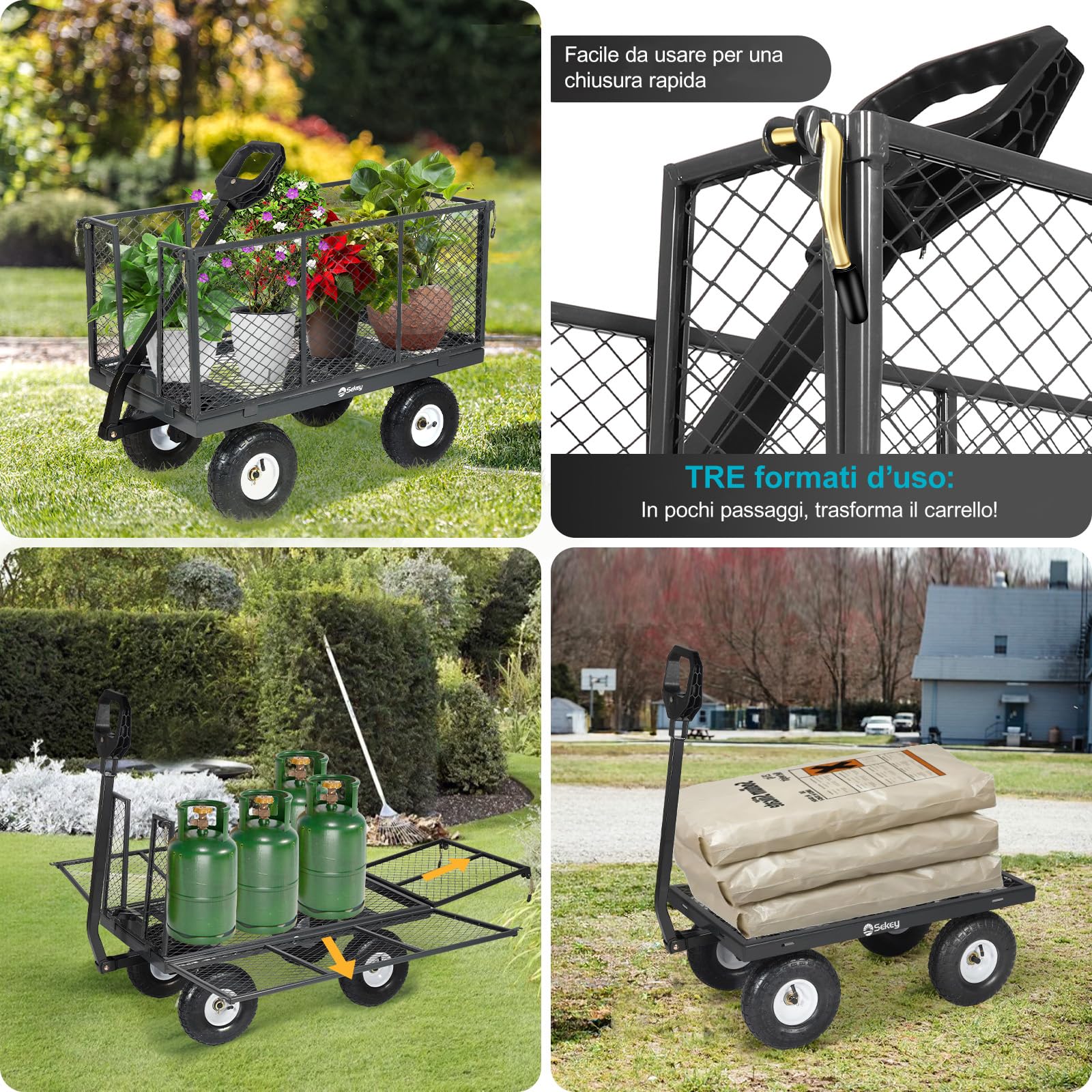 Carrello da giardino TITAN – Capacità di carico 550 KG, Carrello di trasporto per attrezzi con manoferro brevettato, Pneumatici gonfiabili in gomma completa, 200 L Grigio