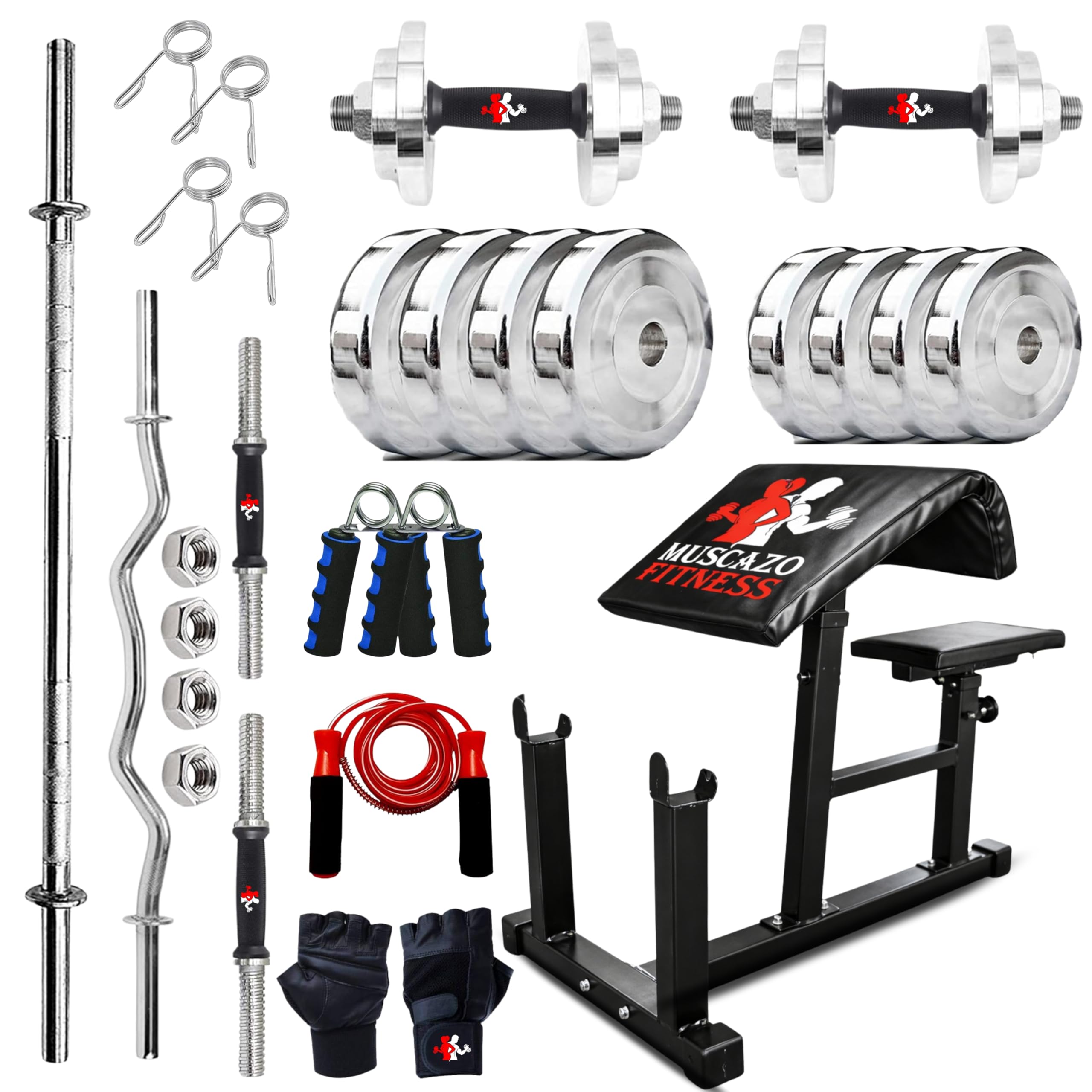 50KG Steel Home Gym Set with Preacher Curl Home Gym Bench, Steel Weight Plates, 5FT Barbell Rod, 3FT EZ Curl Rod, Dumbbell Rods, Gloves, Skipping Rope & Hand Gripper for Home Workout-image-41
