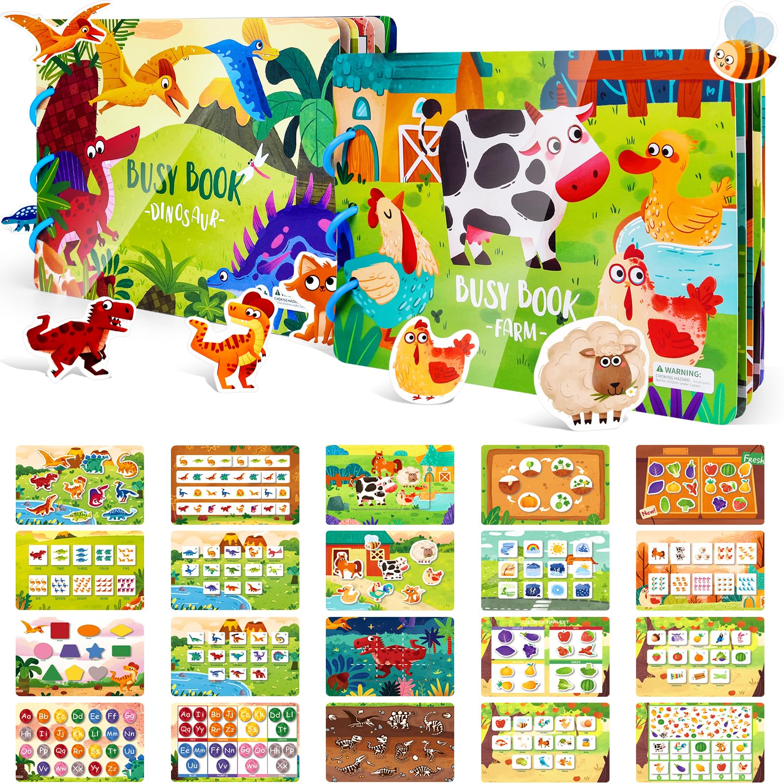 ASTARON 2 Pack Montessori Toys DIY Busy Book for Toddlers 3 4 5 6 Year Olds,Farm & Dinosaur Theme Educational Toys Gifts for 3-5 Year Olds Boys Girls Kids Autism Sensory Toys