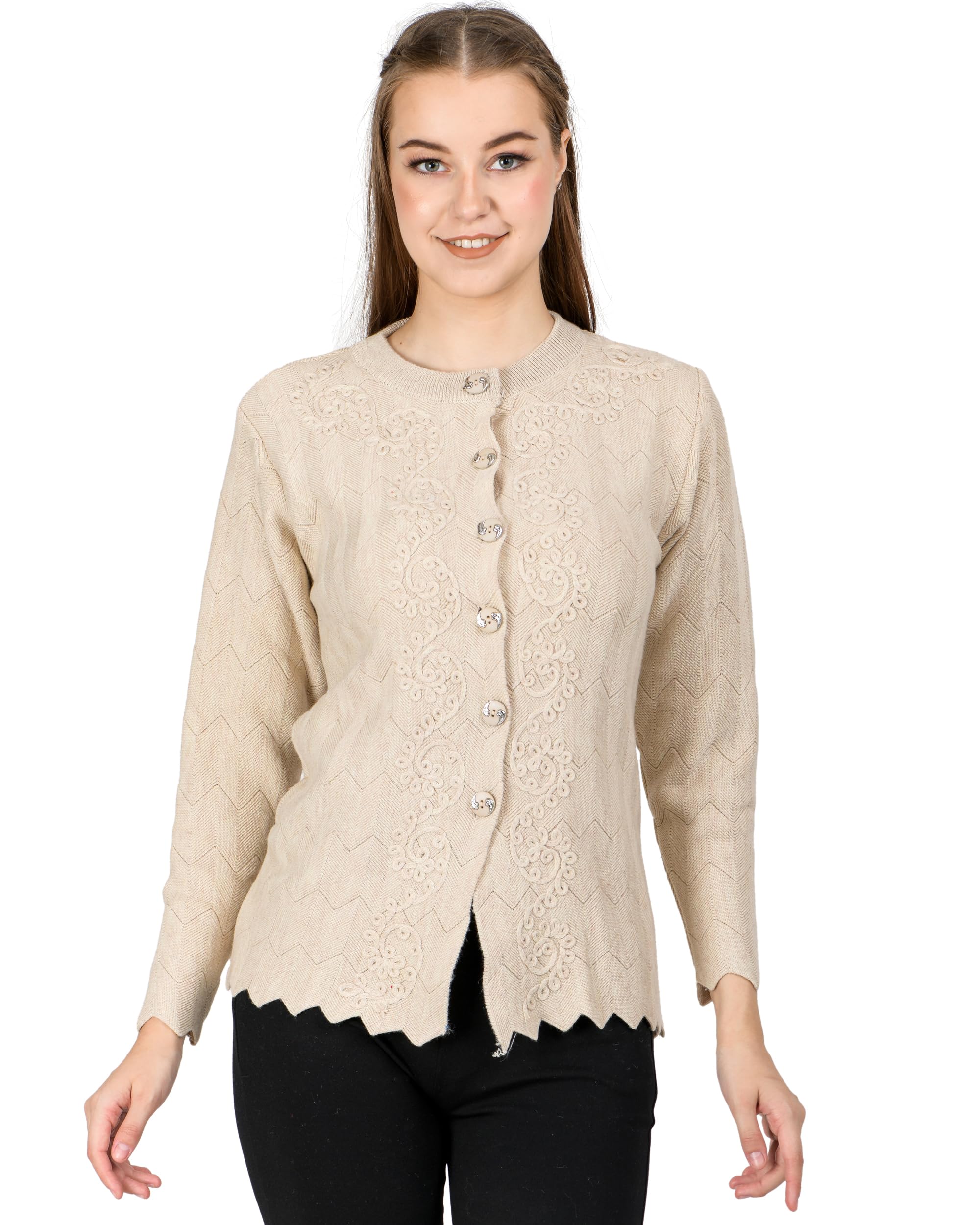 lady willington Women Woolen Round Neck Cardigan Sweater Heavy Front Long Kadai Cardigan Winter Wear Pure Wool Cardigan for Women Free Size Cotty Warm Cardigans with Side Pockets (S, Beige)-picture-12