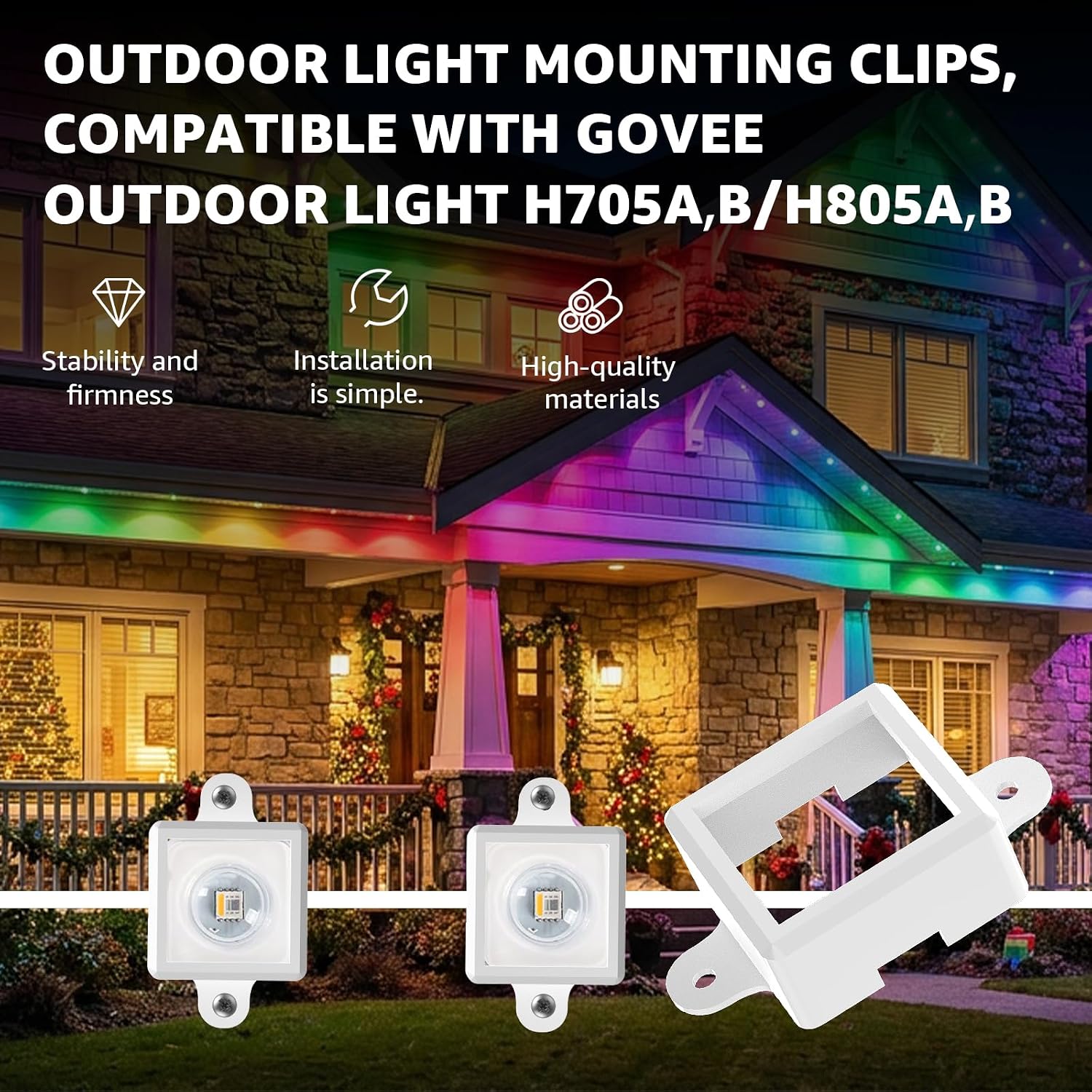 3 in 1 Outdoor Light Mounting Clips Kit for Govee H705A/B H805A/B – 6PCS Gable Light Clips & 76PCS Light Clips & 1PC Controller and Power Adapter Mount Set All with Screws White