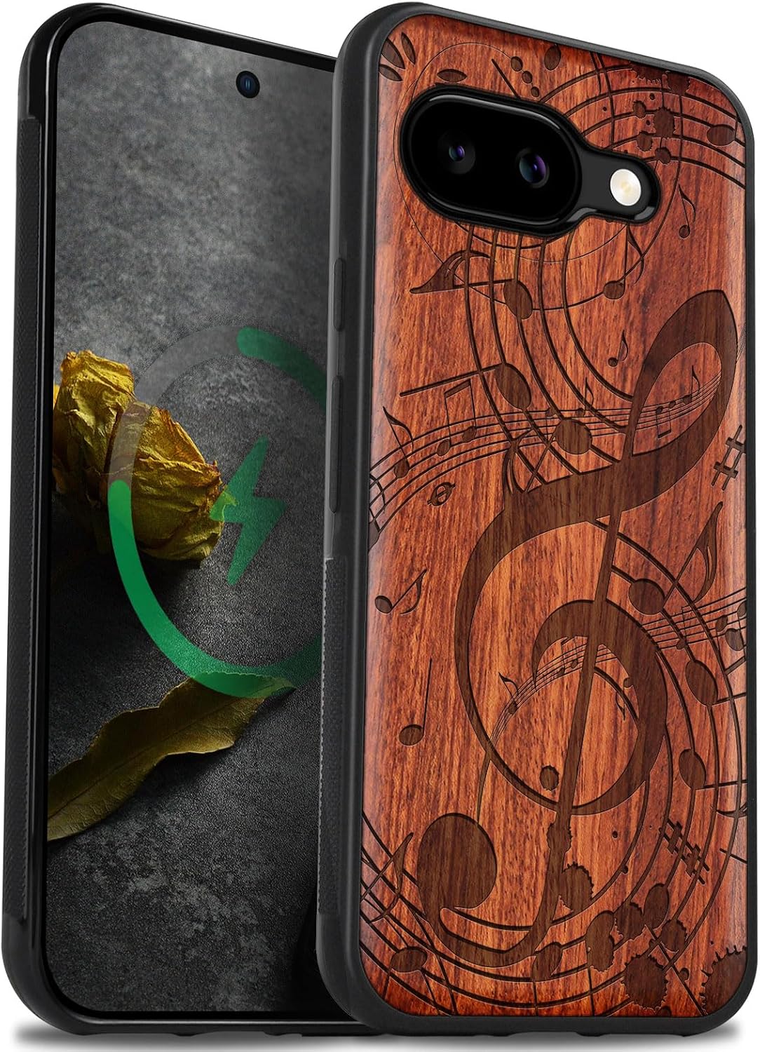 Carveit Magnetic Wooden Case for Google Pixel 9a Case, Wood Artisan Engraved & Soft TPU Shockproof Cover, Compatible with MagSafe Wireless Chargers (Musical Notes) Rosy