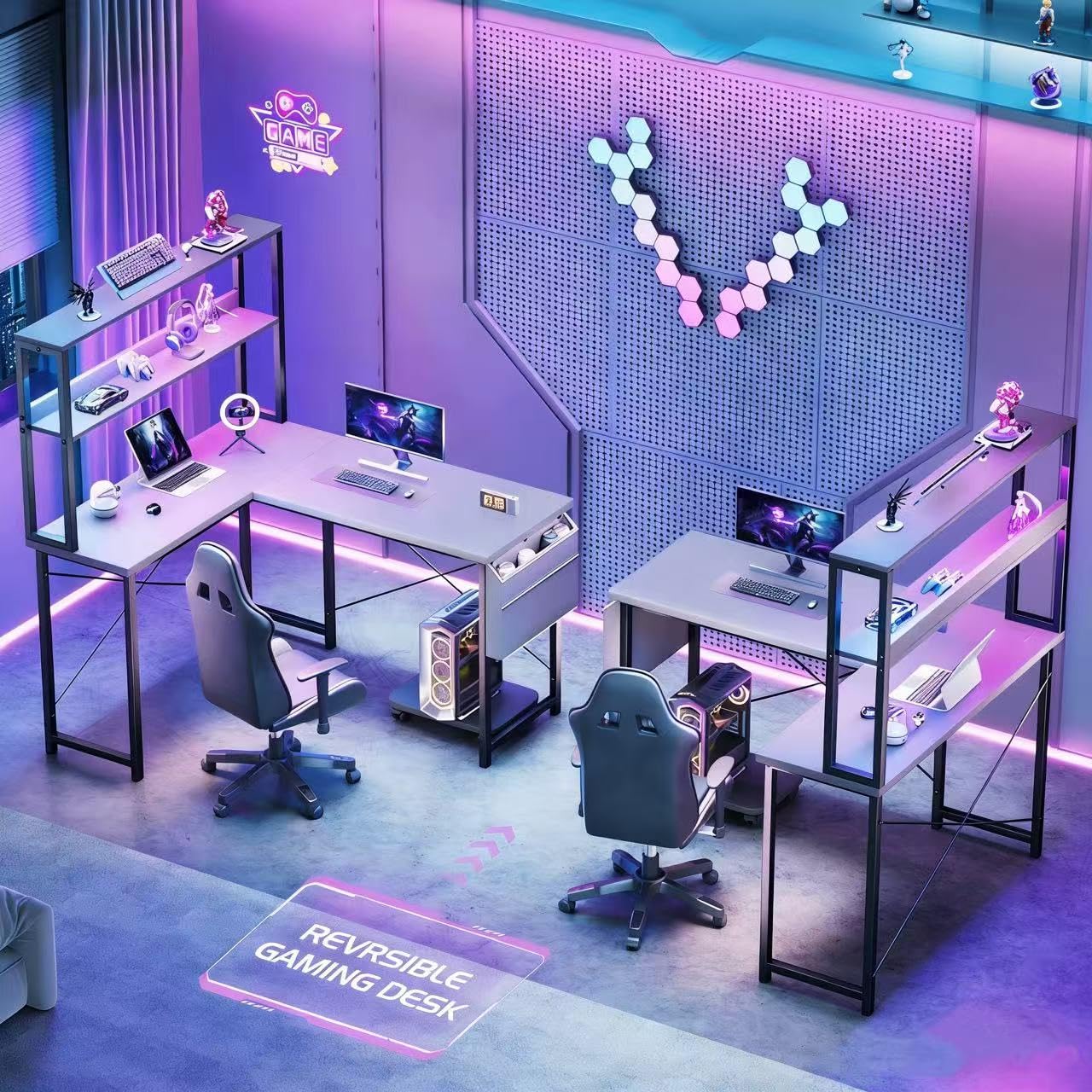 Gaming Schreibtisch L Form, Computertisch 110 x 80 x 148 cm mit LED-Beleuchtung, Seitentaschen, Eckschreibtisch mit Pc Ständer, für Büro und Zuhause, Weiß