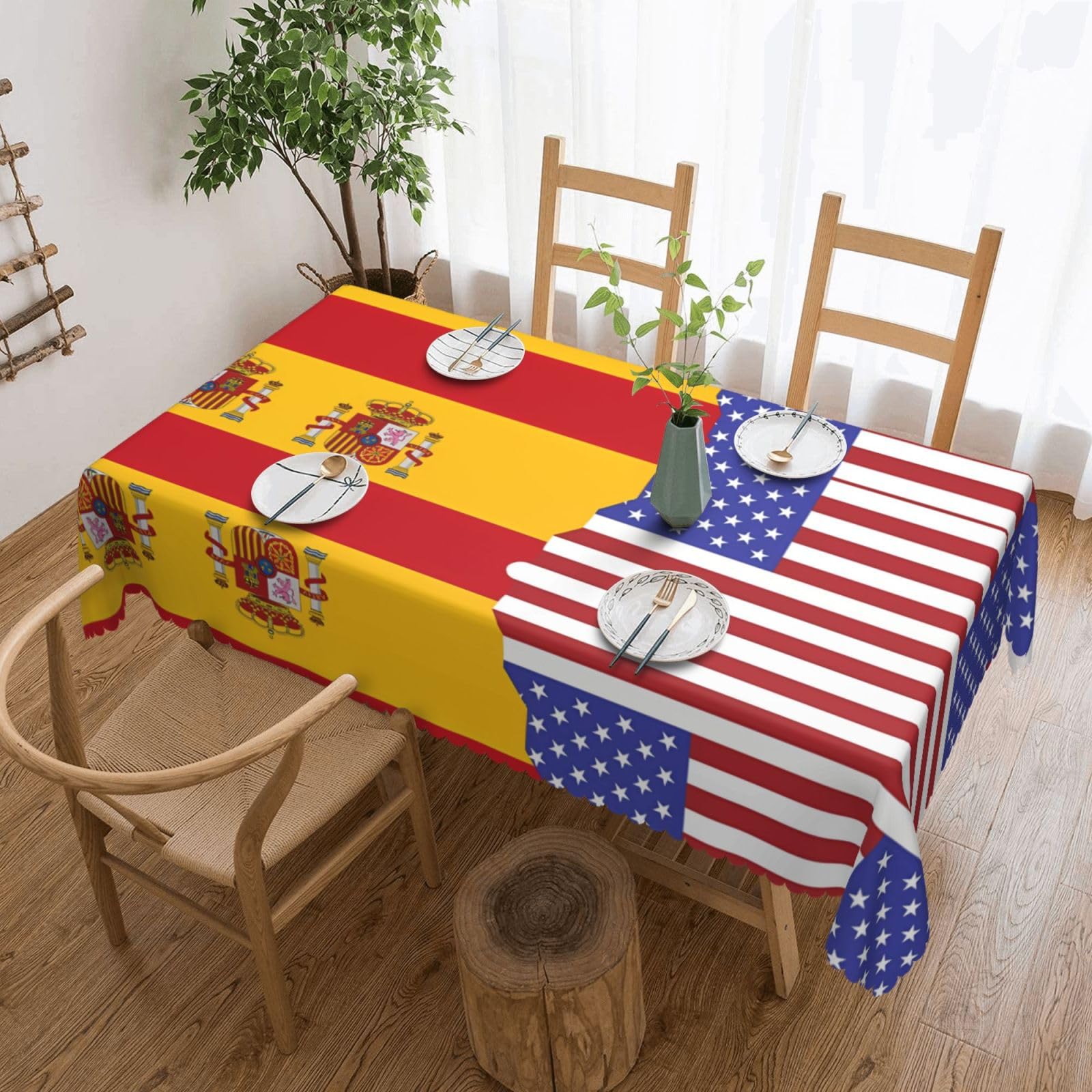 QAZWZML American Spain Flag Printed tablecloth, made of thick polyester with lace trim, suitable for dining rooms, picnics, and weddings