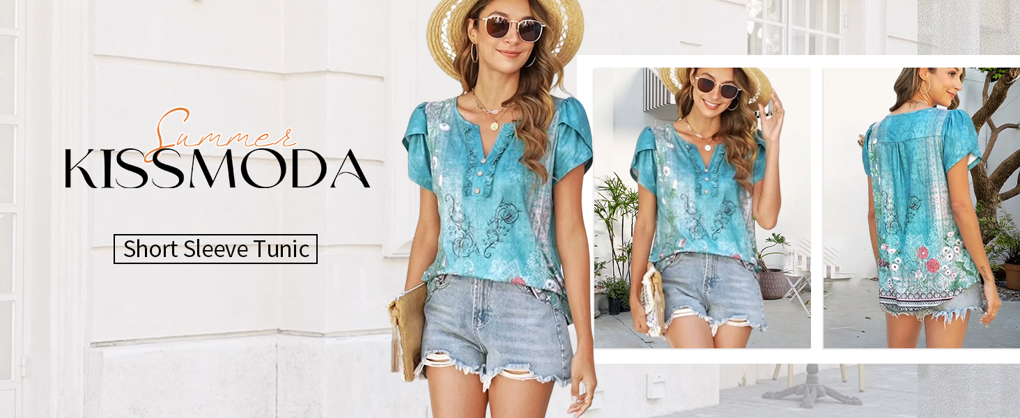 KISSMODA Women's Floral Summer Tops - Short Sleeve Loose Fit Tunic Shirts