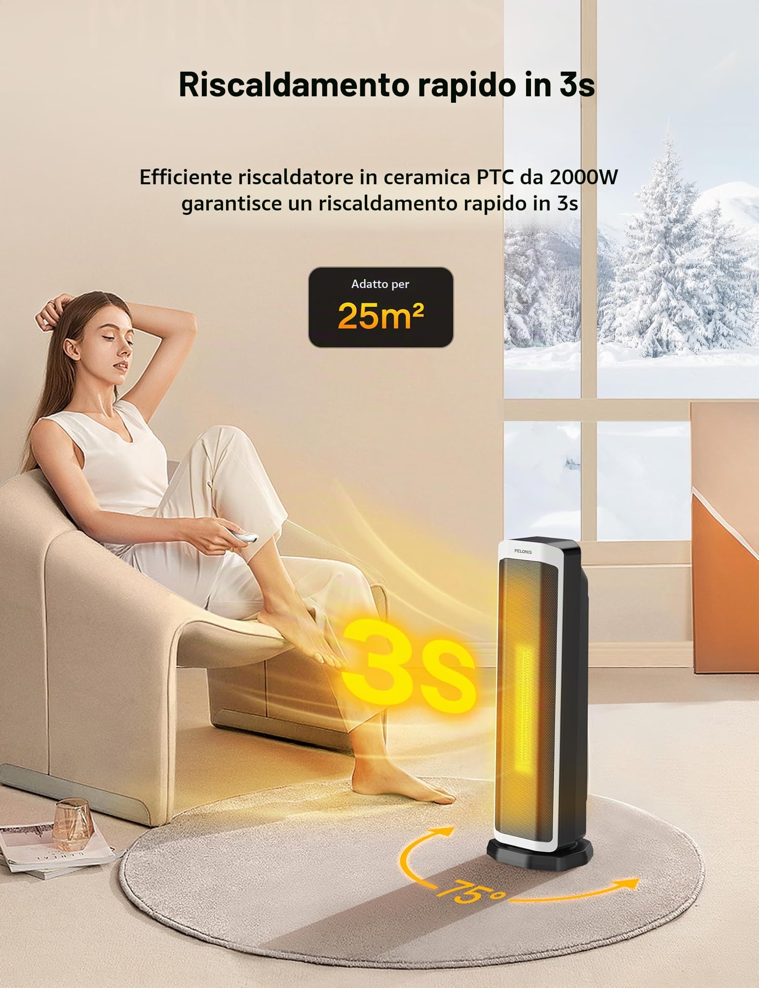 Pelonis Riscaldatore Elettrico 2000W, Radiatore Elettrico con Telecomando, Riscaldatore Elettrico Termostato, Regolabile e Protezione Tipp-Over e Contro il Surriscaldamento