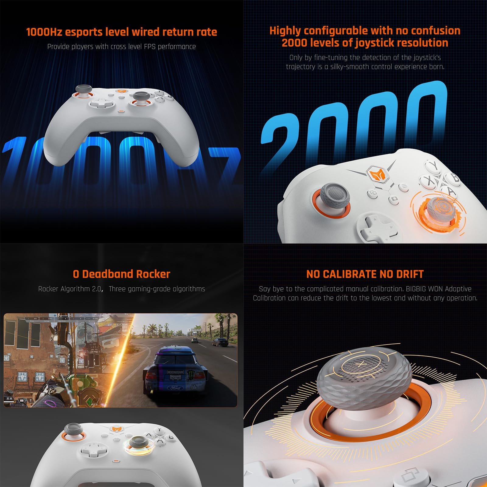 BIGBIG WON Gale PC Controlador inalámbrico Motion zieling,Hall trigger, 4 botones personalizados,controlador de juego de aplicación PC/Switch/IOS/Android,con estación de carga (Blanco)
