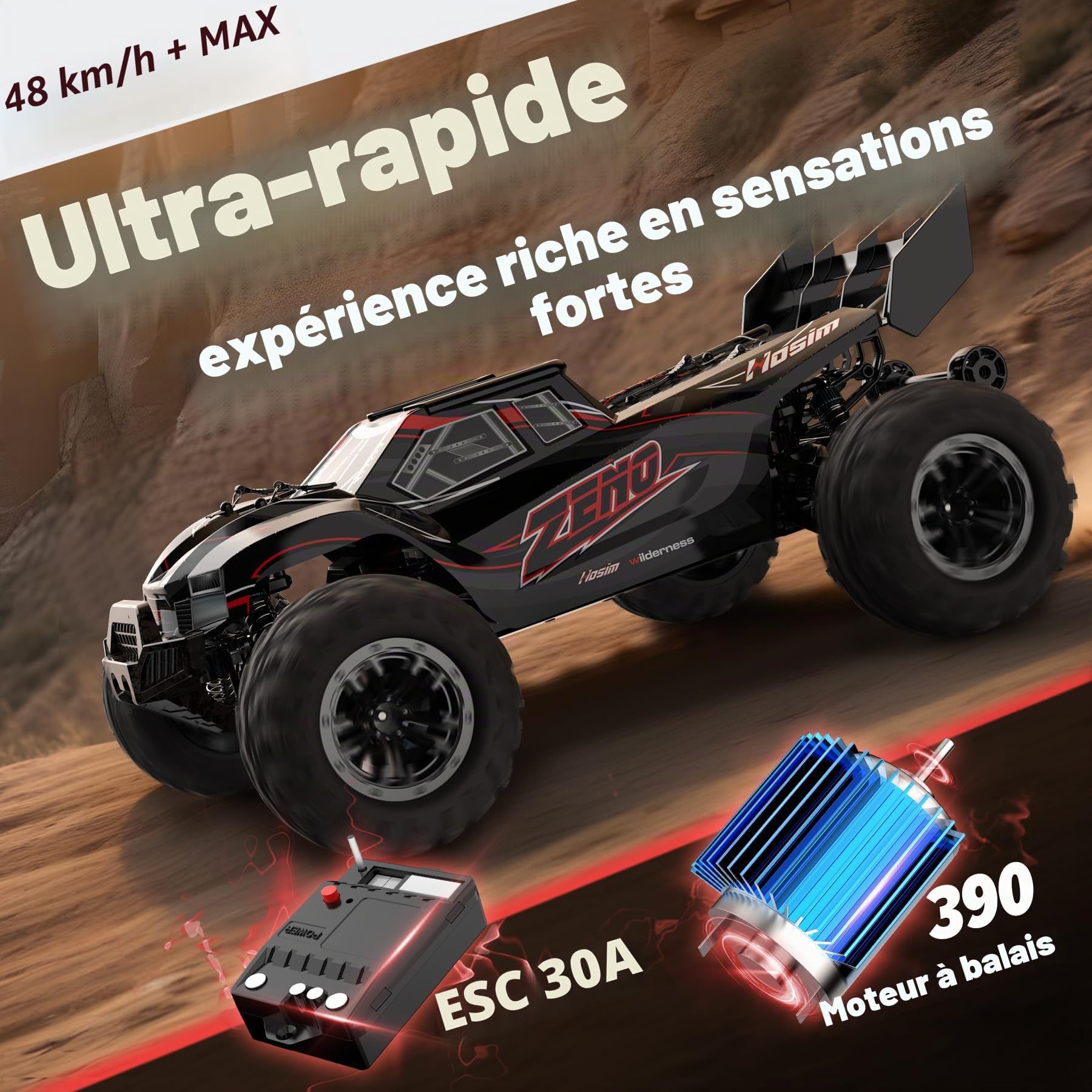 Hosim 1:10 Voiture télécommandée pour adultes, 48 + KM/H Buggy RC 4WD à haute vitesse avec 2 batteries 7,4 V 1500 mAh, voiture électrique RC grande camion RC tout-terrain 2,4 GHz imperméable