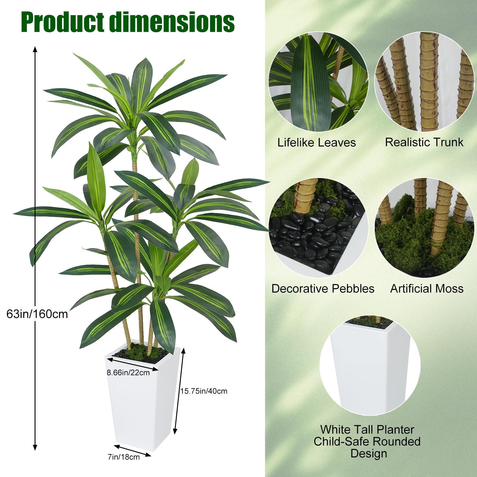 Dracaena Artificiel 160 cm Arbre Artificiel Interieur avec Pot Blanc Plante Artificielle Grande Tropical