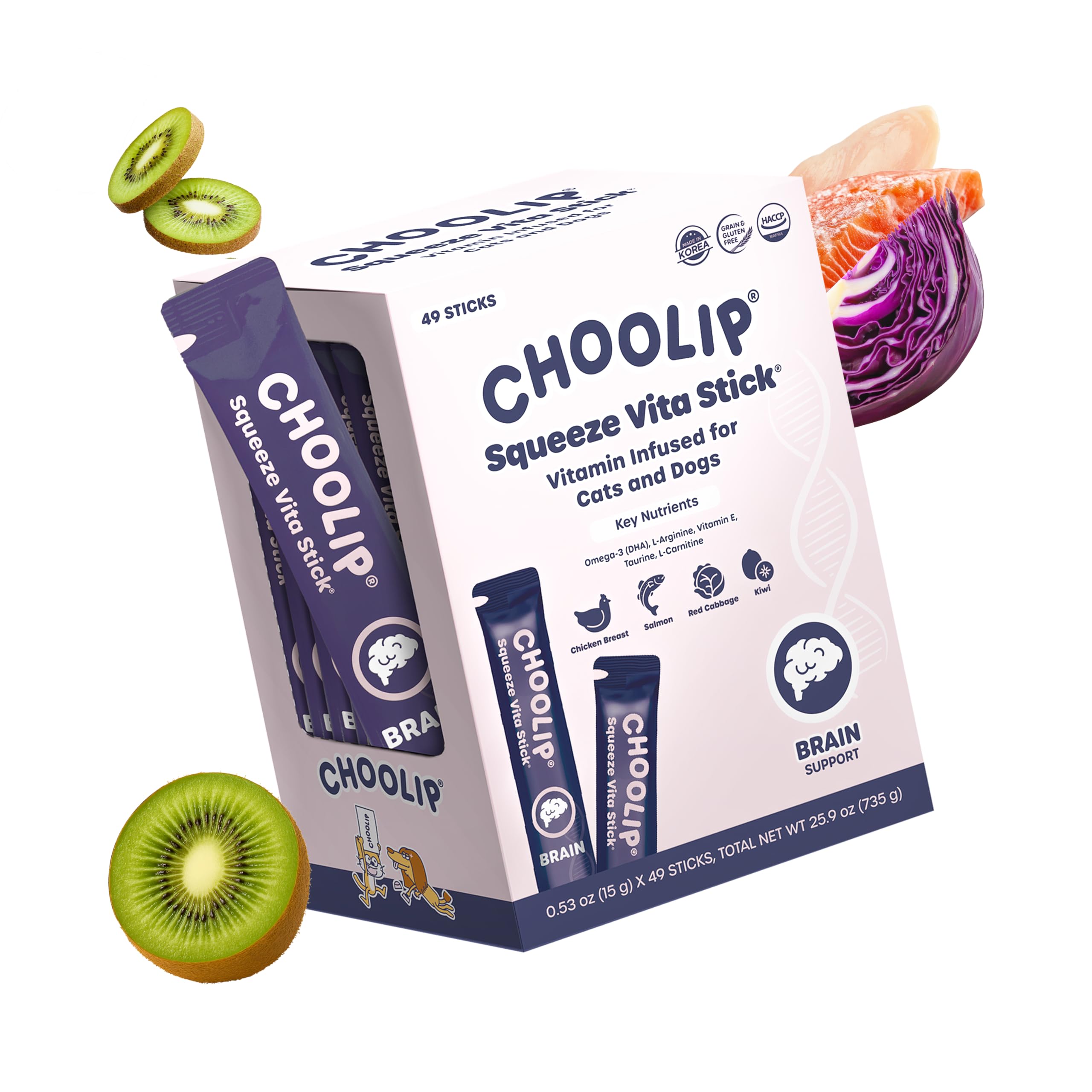 Choolip Squeeze Vita Stick Brain Support Lickable Cat and Dog Treats, 49-Count – Beef and Chicken Soft Puree with DHA, CoQ10 & Vitamin E for All Life Stages