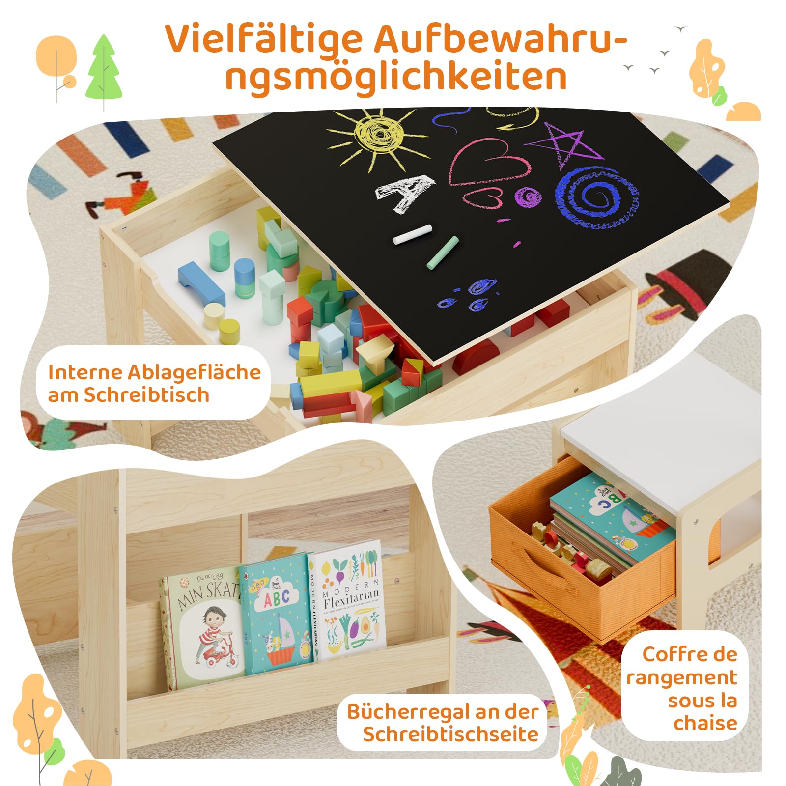 MAMIZO Kindertisch mit 2 PCS Stühlen, 3 in 1 Kinder Tisch Stuhl Set, Kindermöbel Set aus Holz mit Stauraum & Bücherregalen, Spieltisch & Aktivitätstisch, Maltisch, von 3-7 Jahren, Holzfarbe