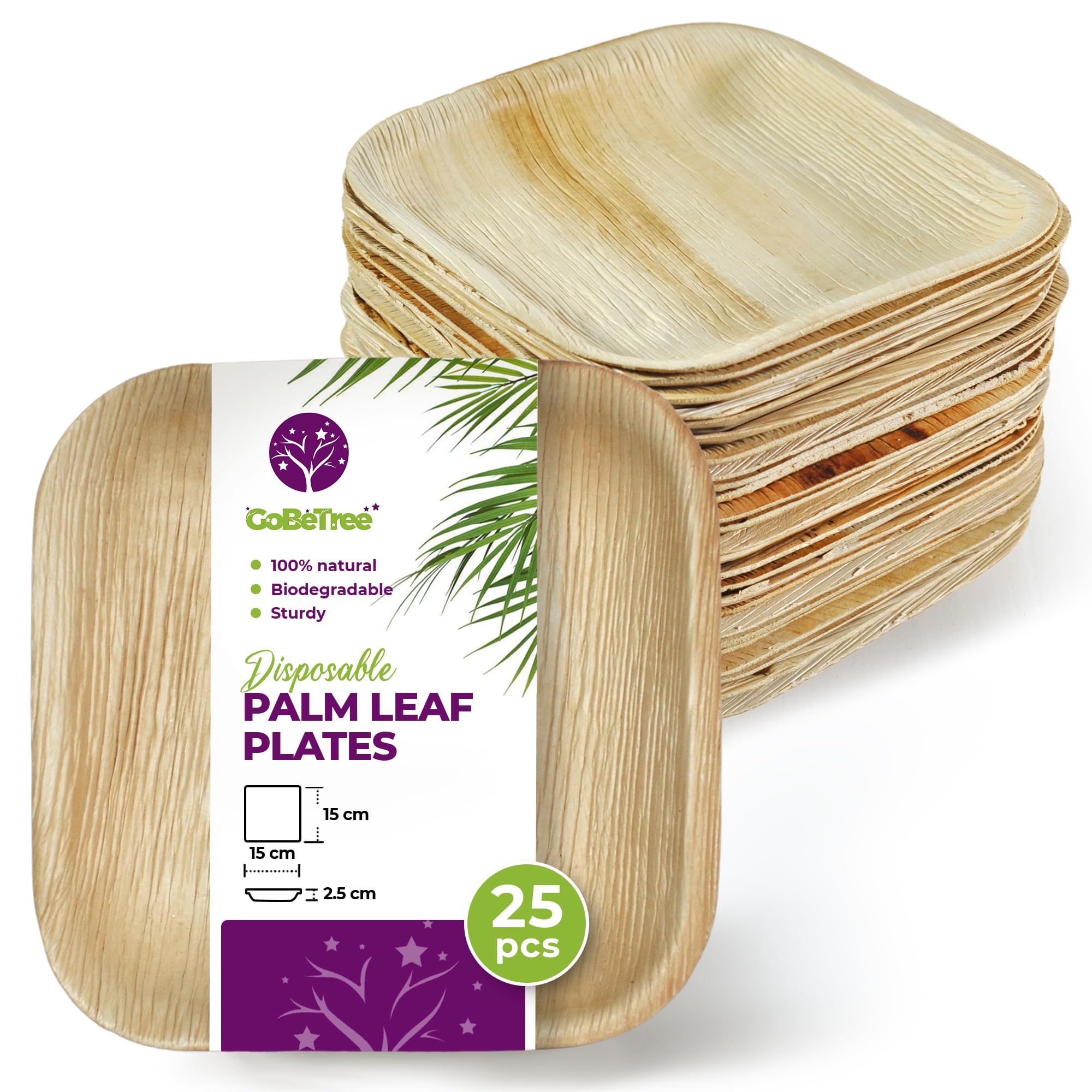 GoBeTree 25 Talerze Liści Palmowych Jednorazowe 15x15 cm Deser. Eleganckie Talerze Jednorazowe na Deser, Przekąski i Catering Kwadratowe podobne do Bambusa z Wysoką Sztywnością