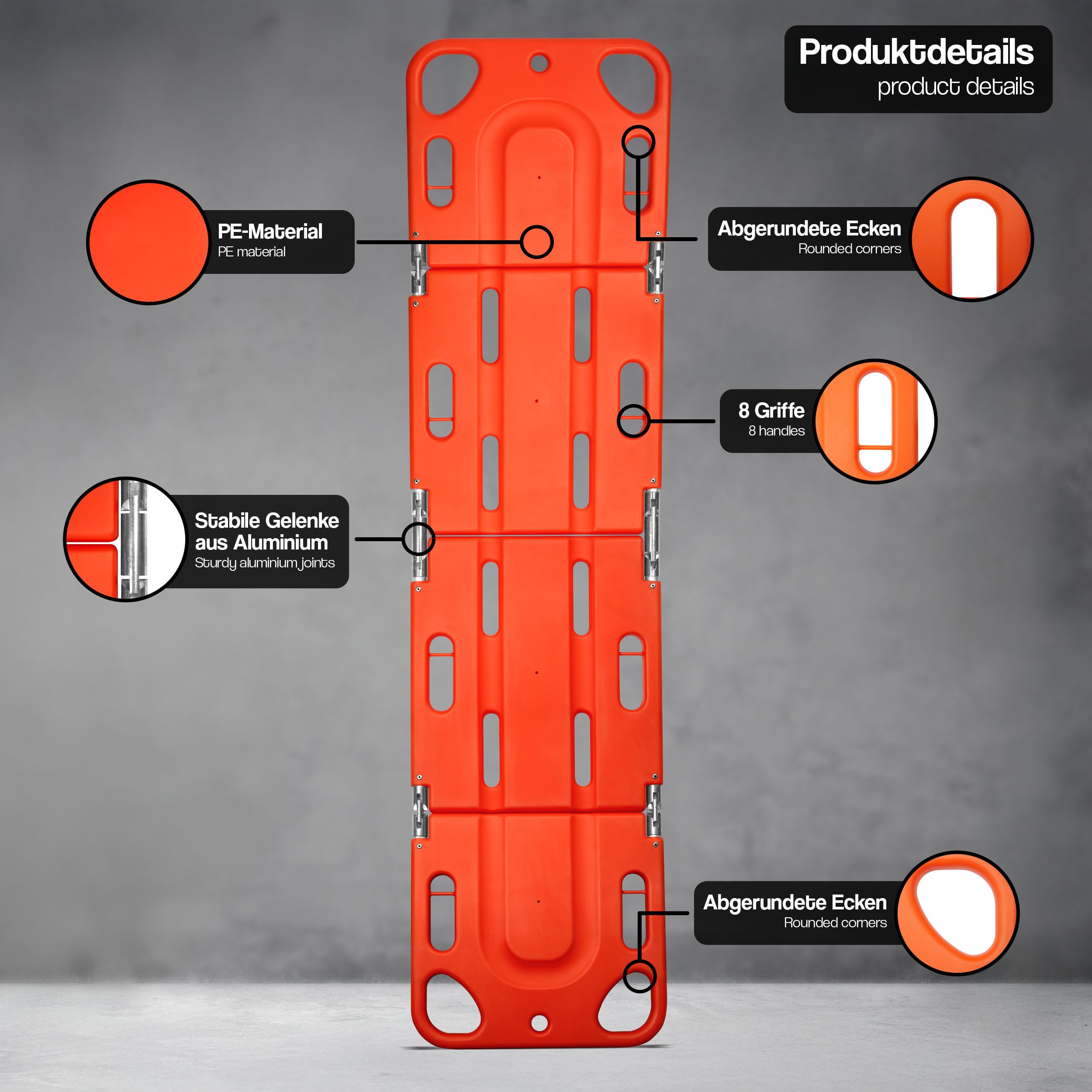 Pulox WTG-200 Rettungsbrett 3-fach klappbar für Land- & Wasserrettung | Spineboard inkl. 2 Gurte, Platzsparend transportierbar für Bergung, Patiententransport und Rettungseinsätze