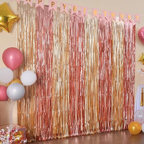 LOLStar Paquete de 2 decoraciones de cumpleaños de oro rosa, cortinas de flecos de papel de aluminio rosa y dorado, cortinas de flecos de papel de