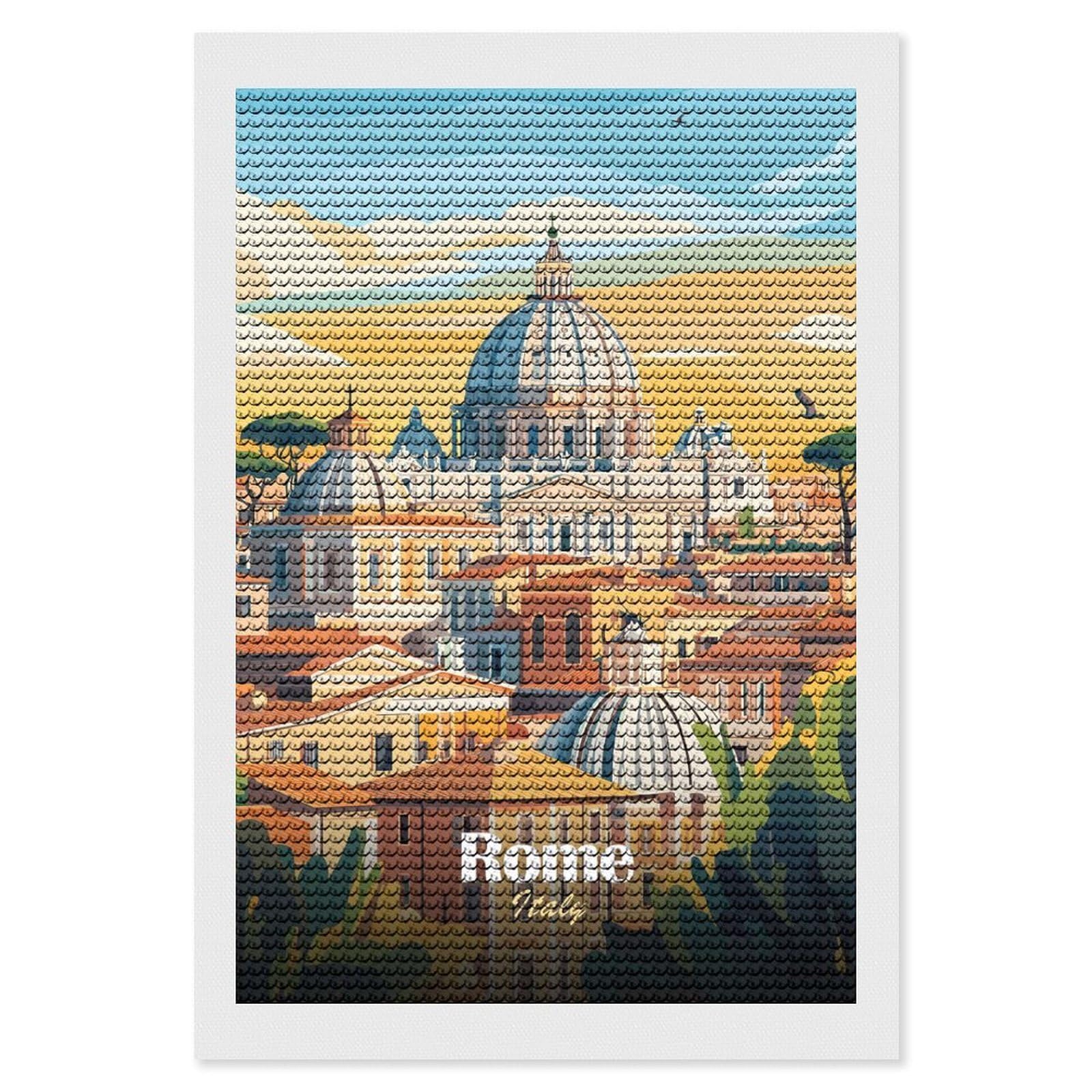 Junmoney Rome Cityscape Illustration Round Drill Diamond Painting 8"x12", for Women, Relaxing DIY Hobby, Bedroom Decor, Christmas Gift, Adhesive Canvas