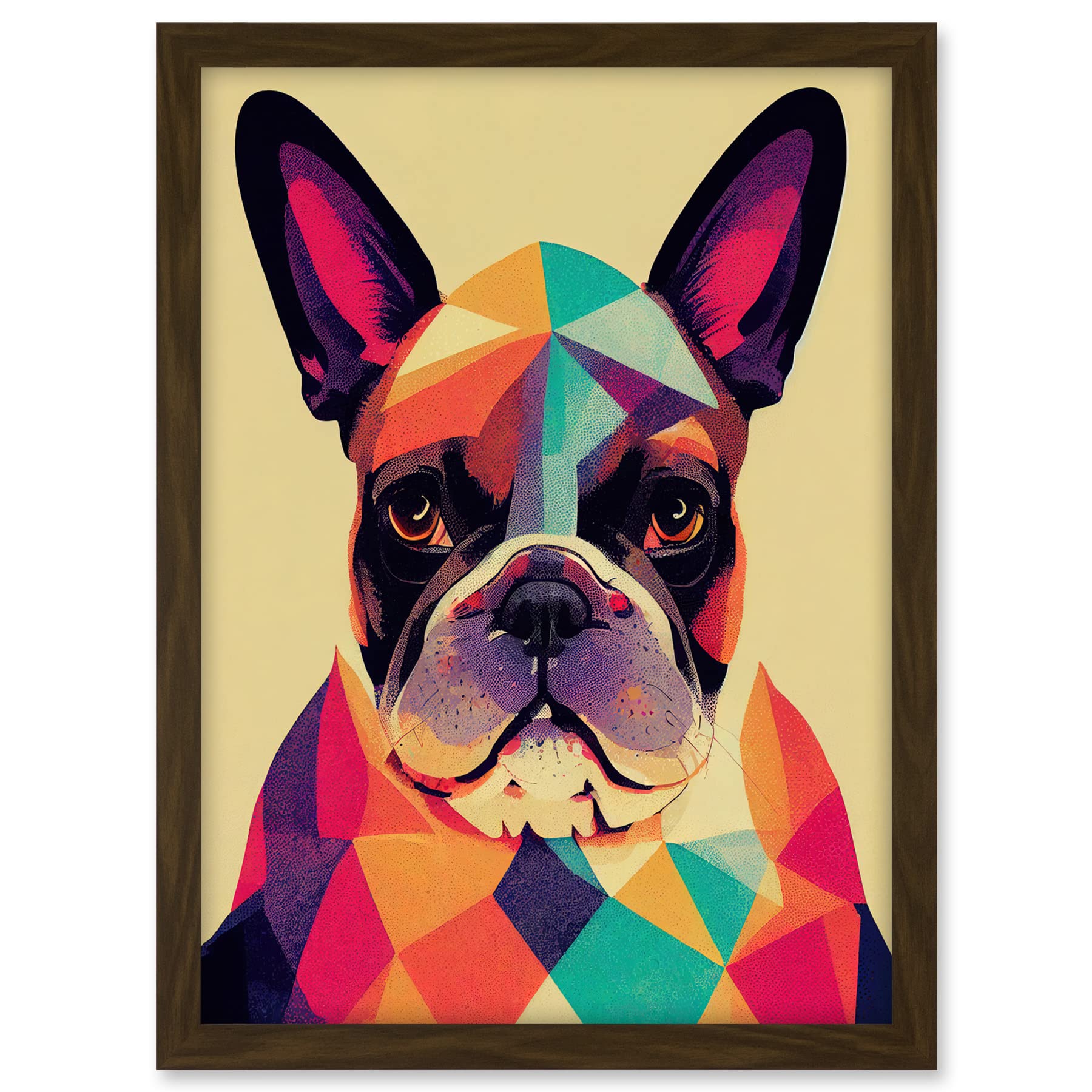 Wee Blue Coo Vibrant Colourful Geometric French Bulldog Portrait Design Artwork Framed A3 Wall Art Print