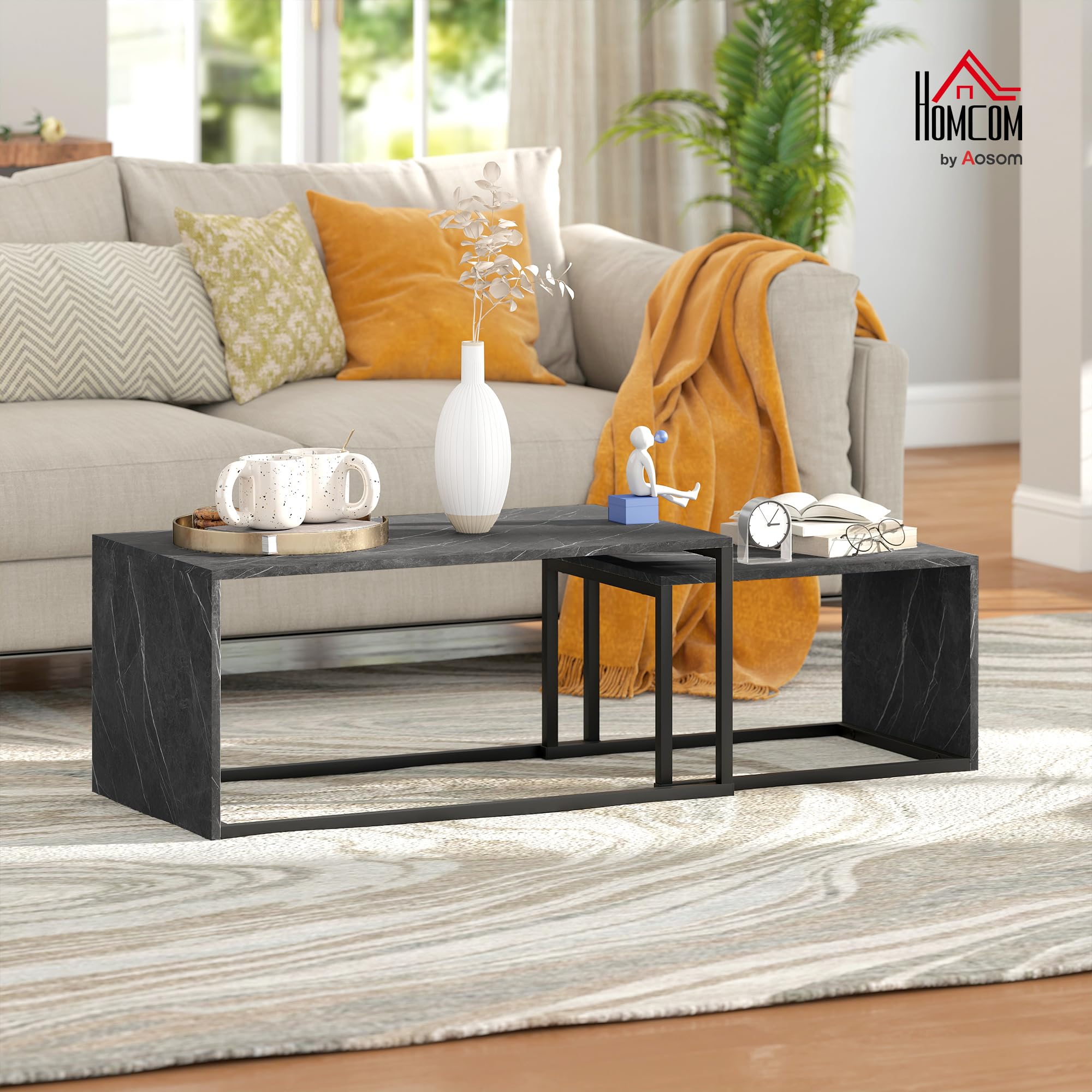 HOMCOM Lot de 2 Tables Basses gigognes Design Industriel encastrable dim. Grande Table 90L x 48l x 42H cm métal Noir Effet marbre Gris foncé