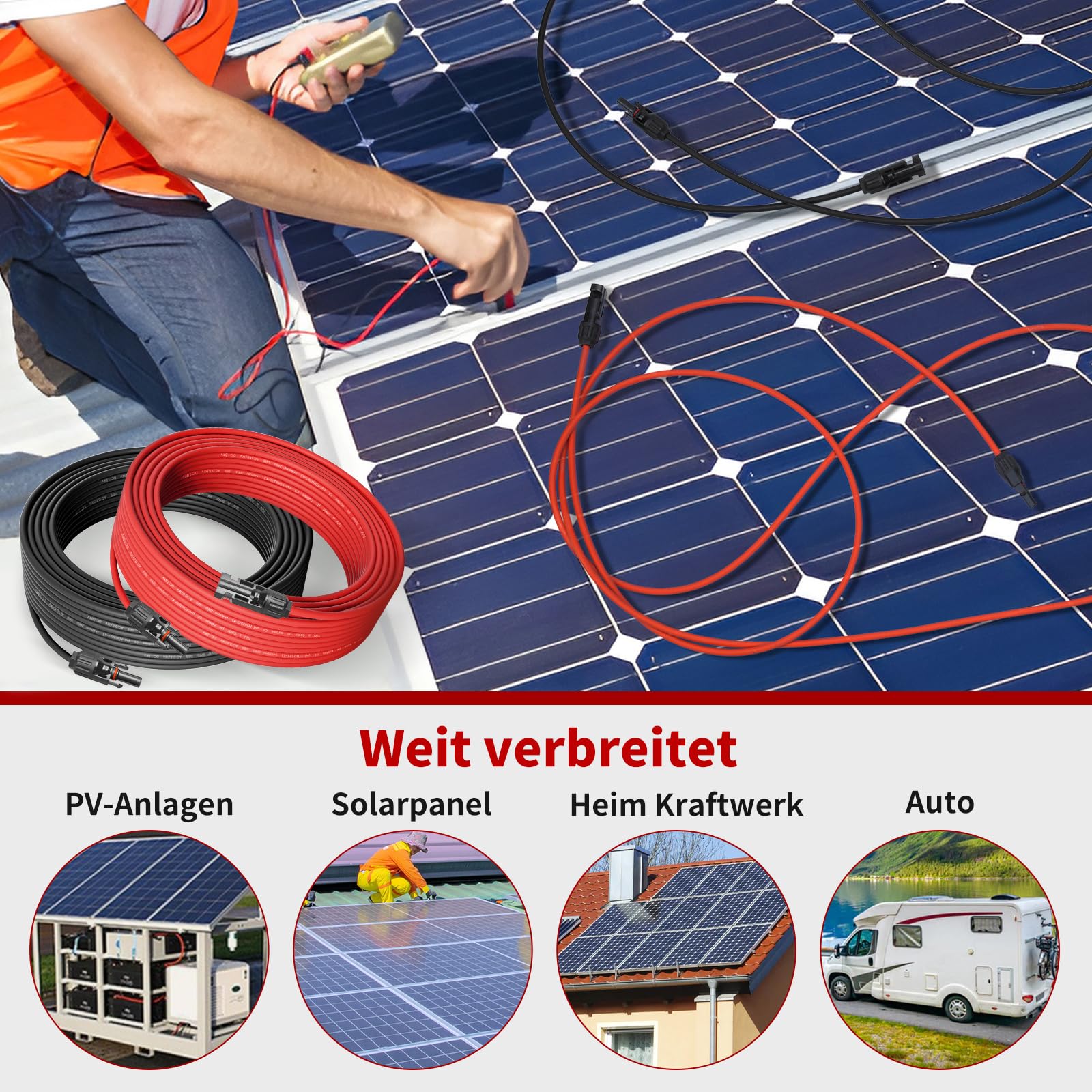 Solarkabel 4mm² 15M x 2 Solar Verlängerungskabel mit Solarstecker, Solar Verlängerung Photovoltaik Kabel für Solarpanel Balkonkraftwerk Solar Kabel(2-20M, 4mm2, 6mm2)