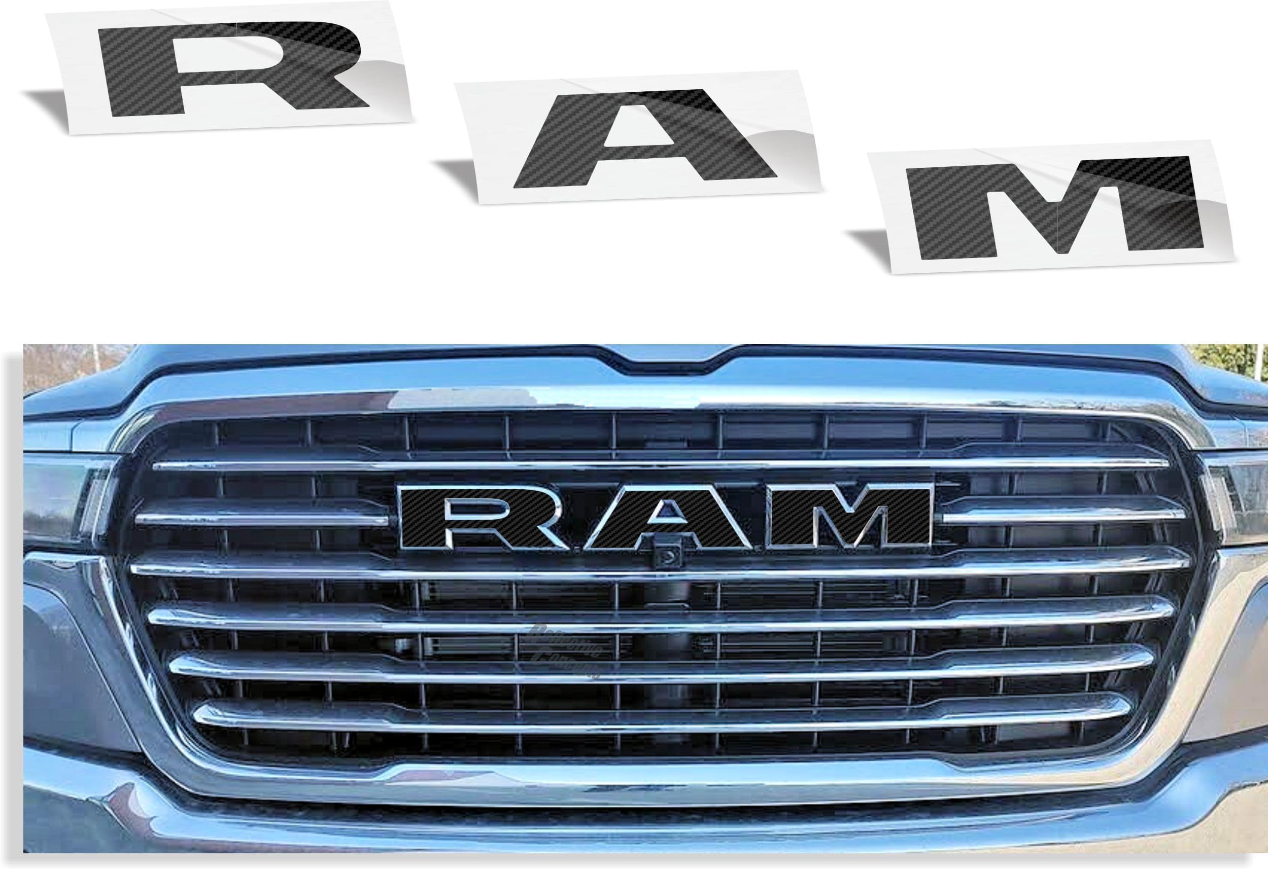 RAM Grille Emblem Overlay Decal Stickers 2025-2026 Ram 1500 (Color: Carbon Fiber)