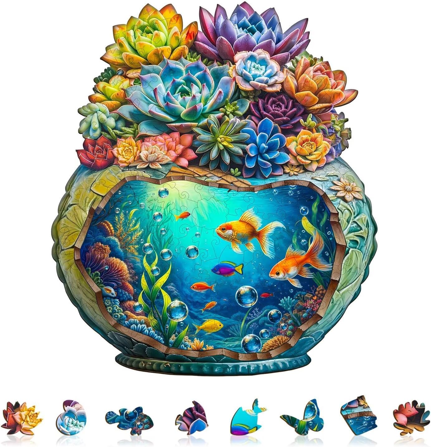 Succulent Ocean Puzzles Potted Colorful Plants Flowers Aquarium Vase Fish Puzzle Adults Gifts for Women Men Wooden 165 Pieces 11.4 * 10.0in