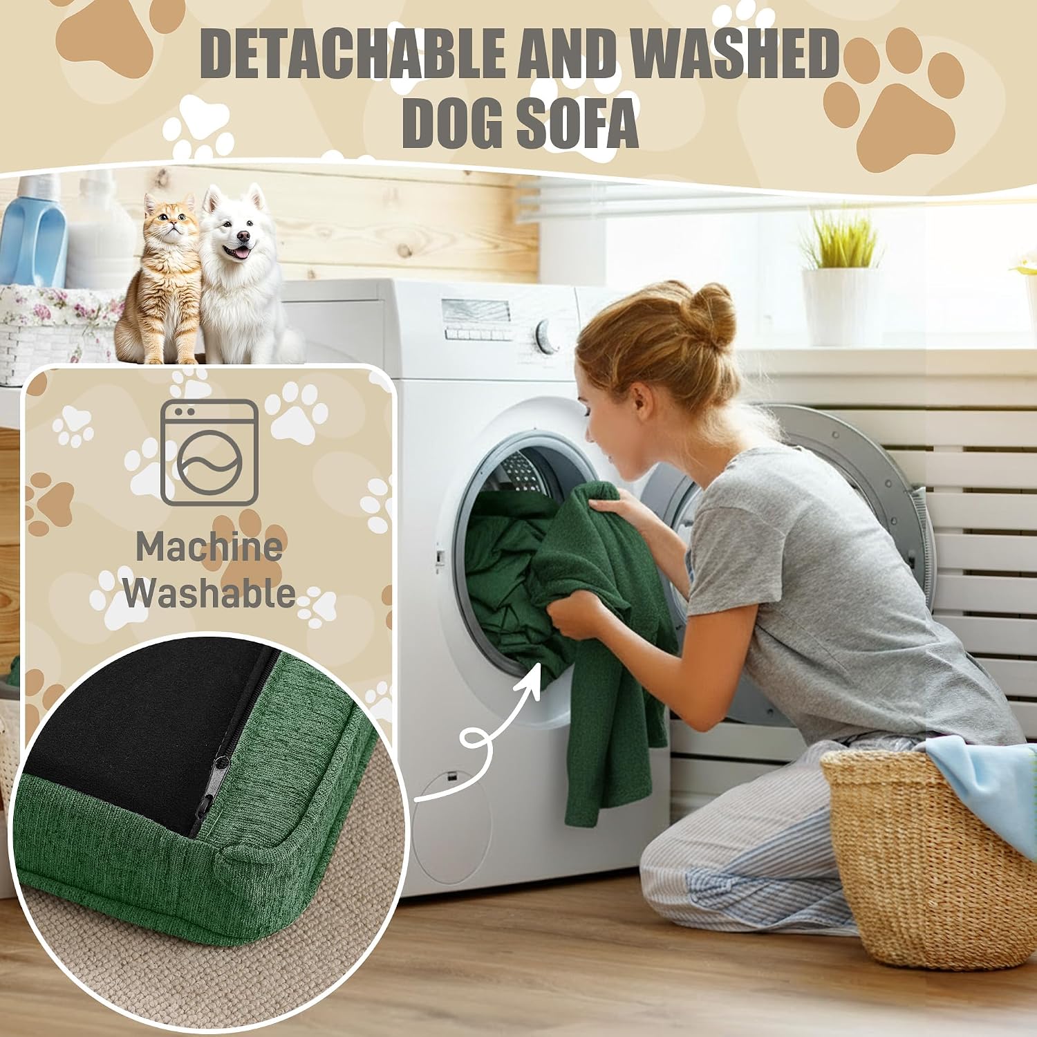 Dog Sofa Couch for Medium to Large Dogs, 55" Memory Foam Pet Sofa Couch with Washable Fabric, Durable Elevated Dog Bed with Legs, Removable Cushion for Medium and Large Dogs, Green